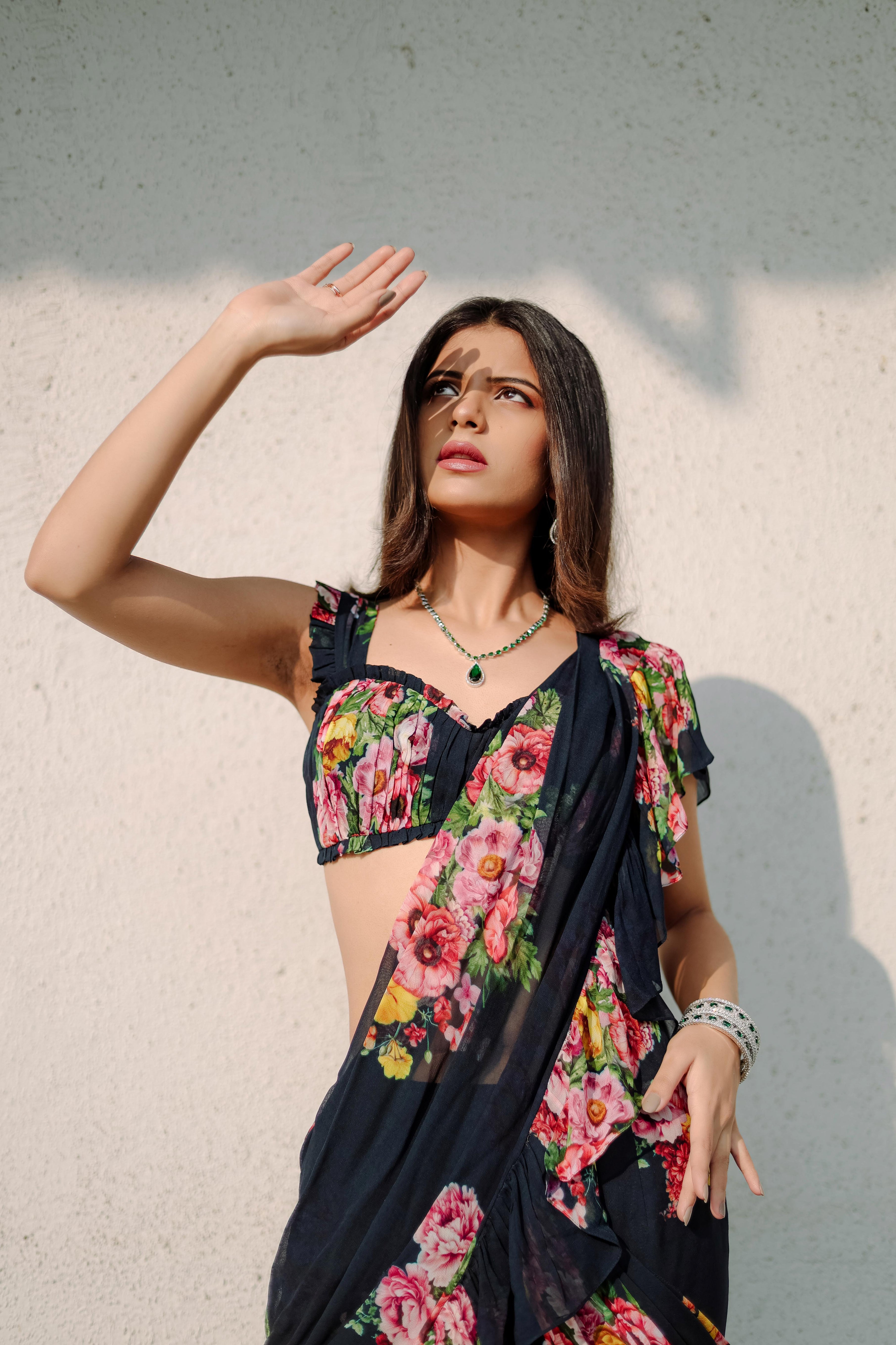 Persian Blue Floral  printed Ruffle Pre-Draped  Saree Set