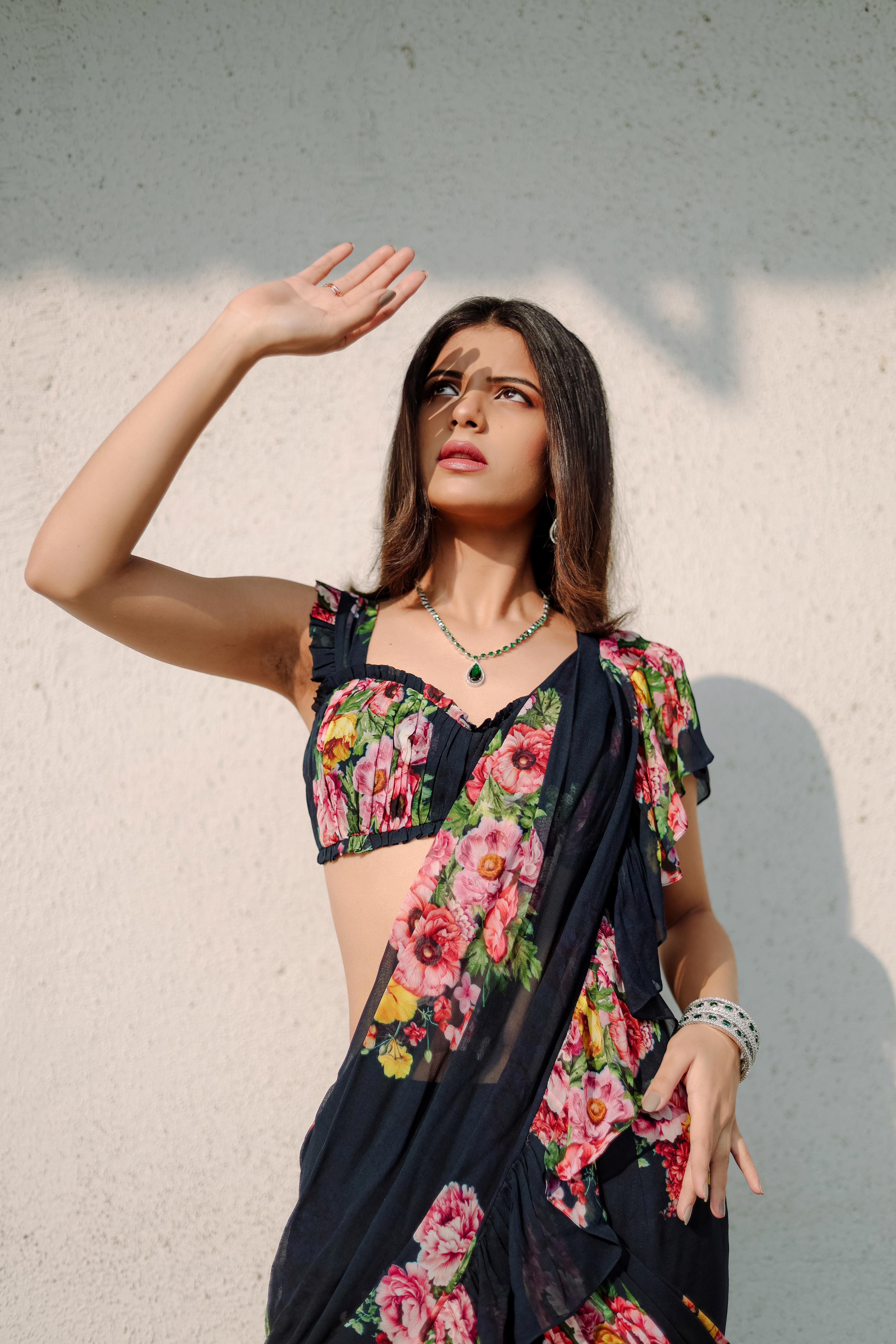 Persian Blue Floral  printed Ruffle Pre-Draped  Saree Set