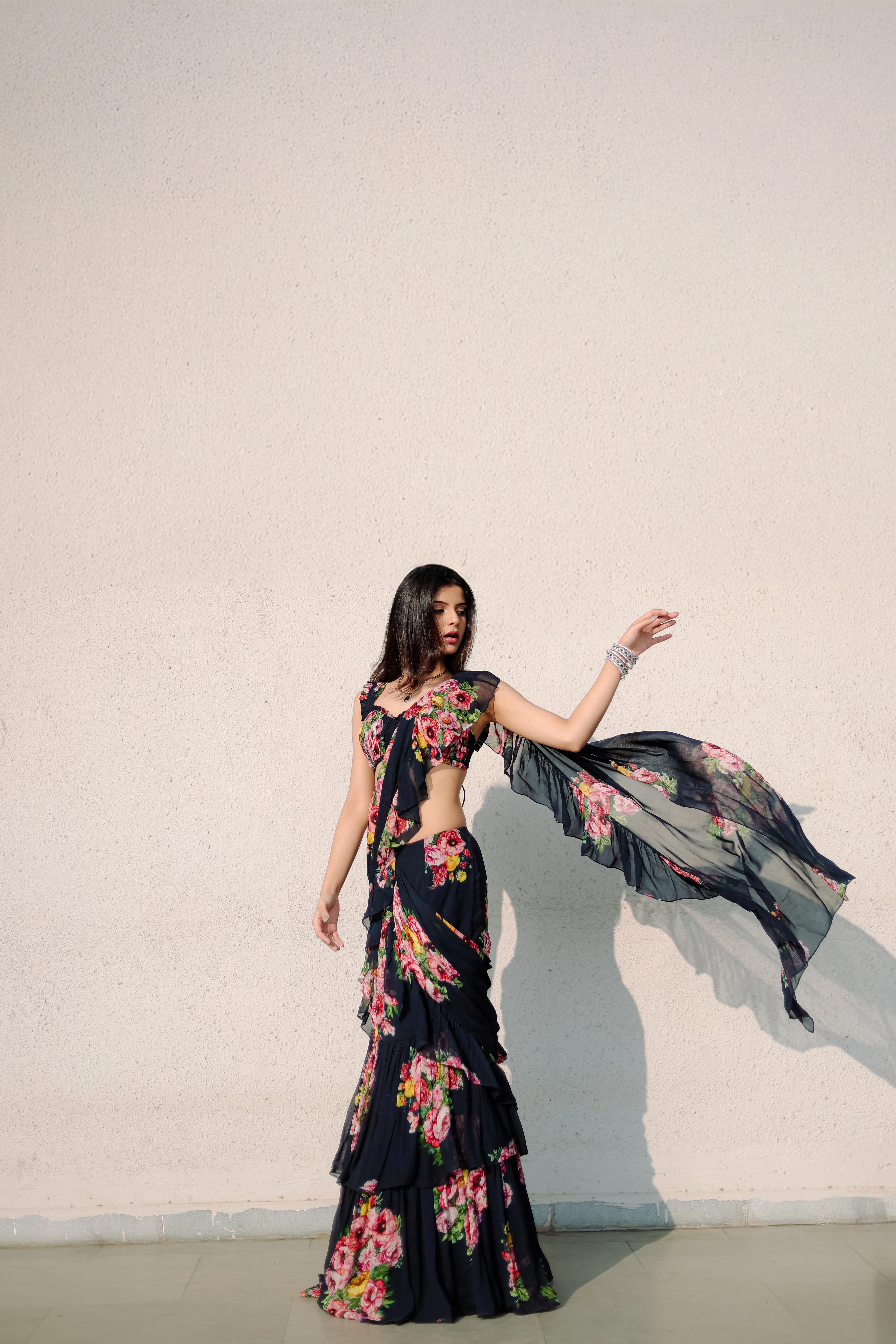 Persian Blue Floral  printed Ruffle Pre-Draped  Saree Set