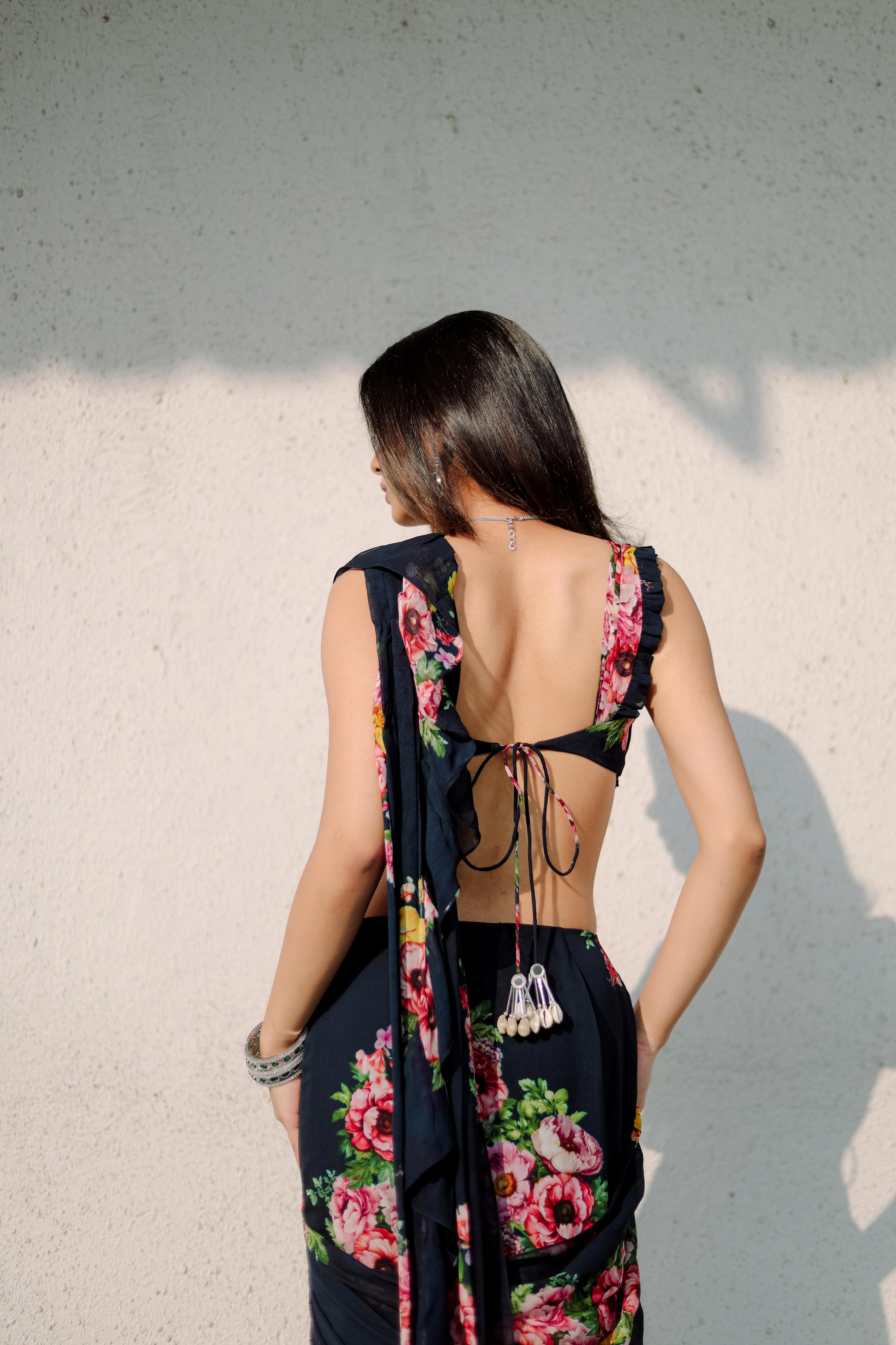 Persian Blue Floral  printed Ruffle Pre-Draped  Saree Set