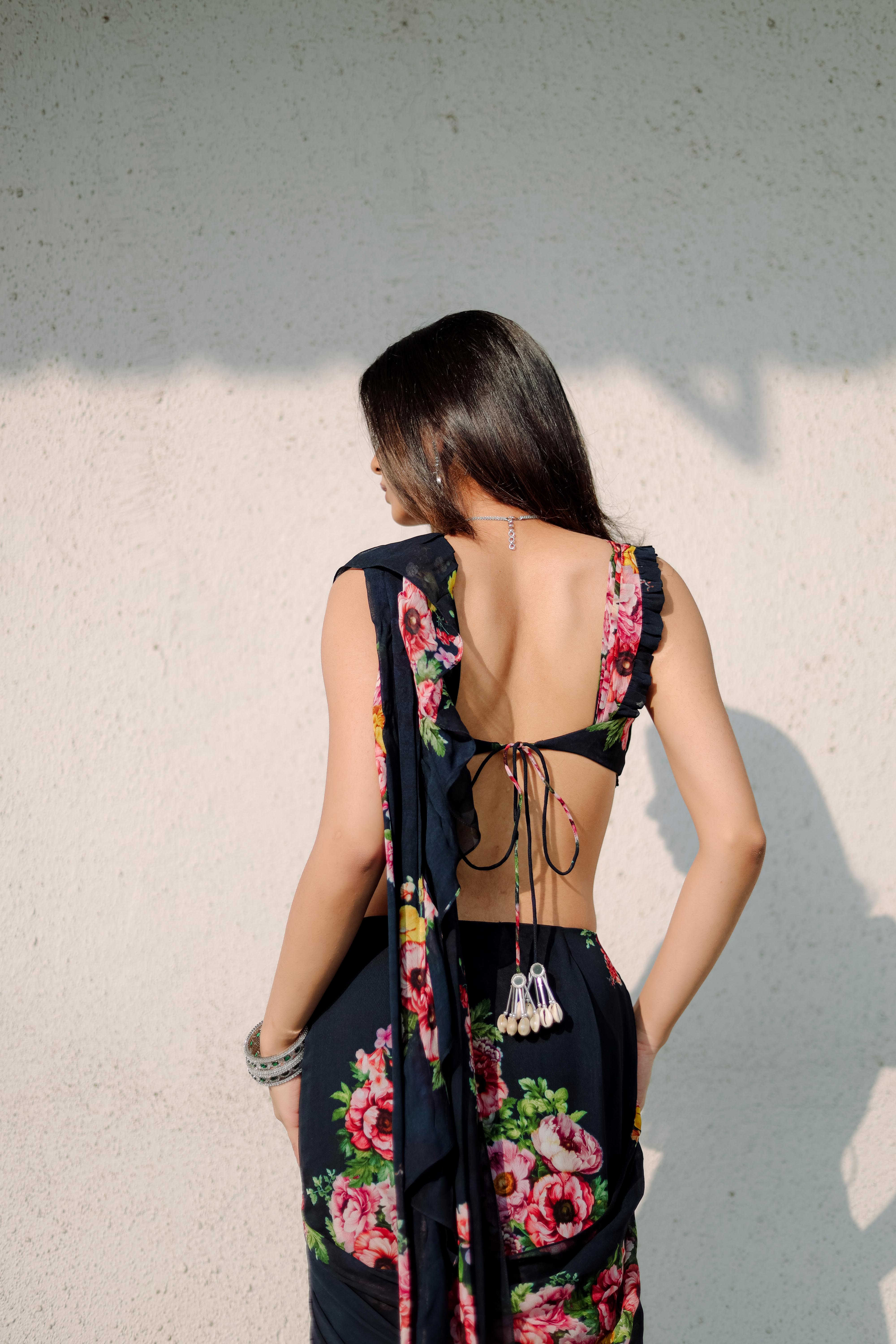 Persian Blue Floral  printed Ruffle Pre-Draped  Saree Set