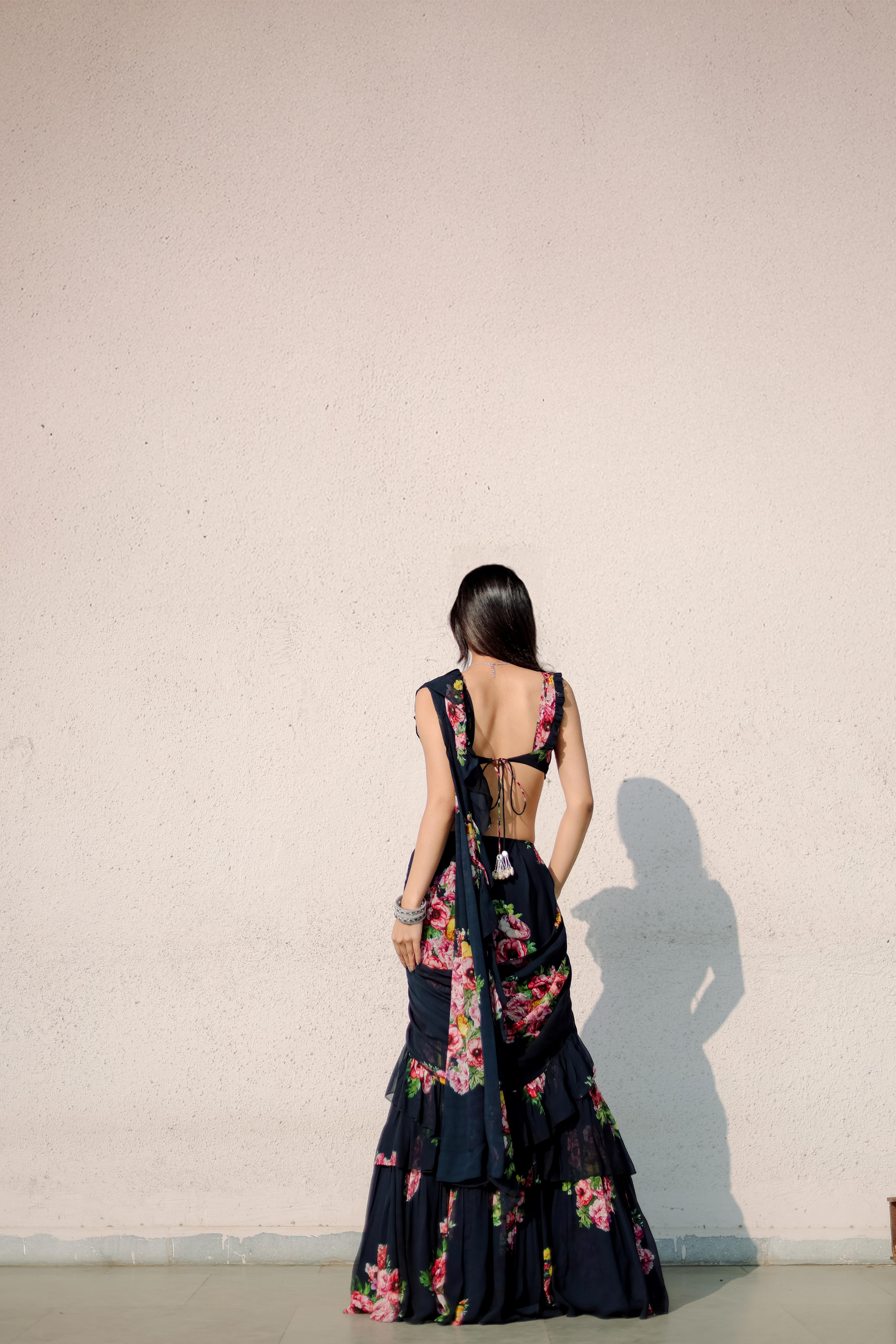 Persian Blue Floral  printed Ruffle Pre-Draped  Saree Set