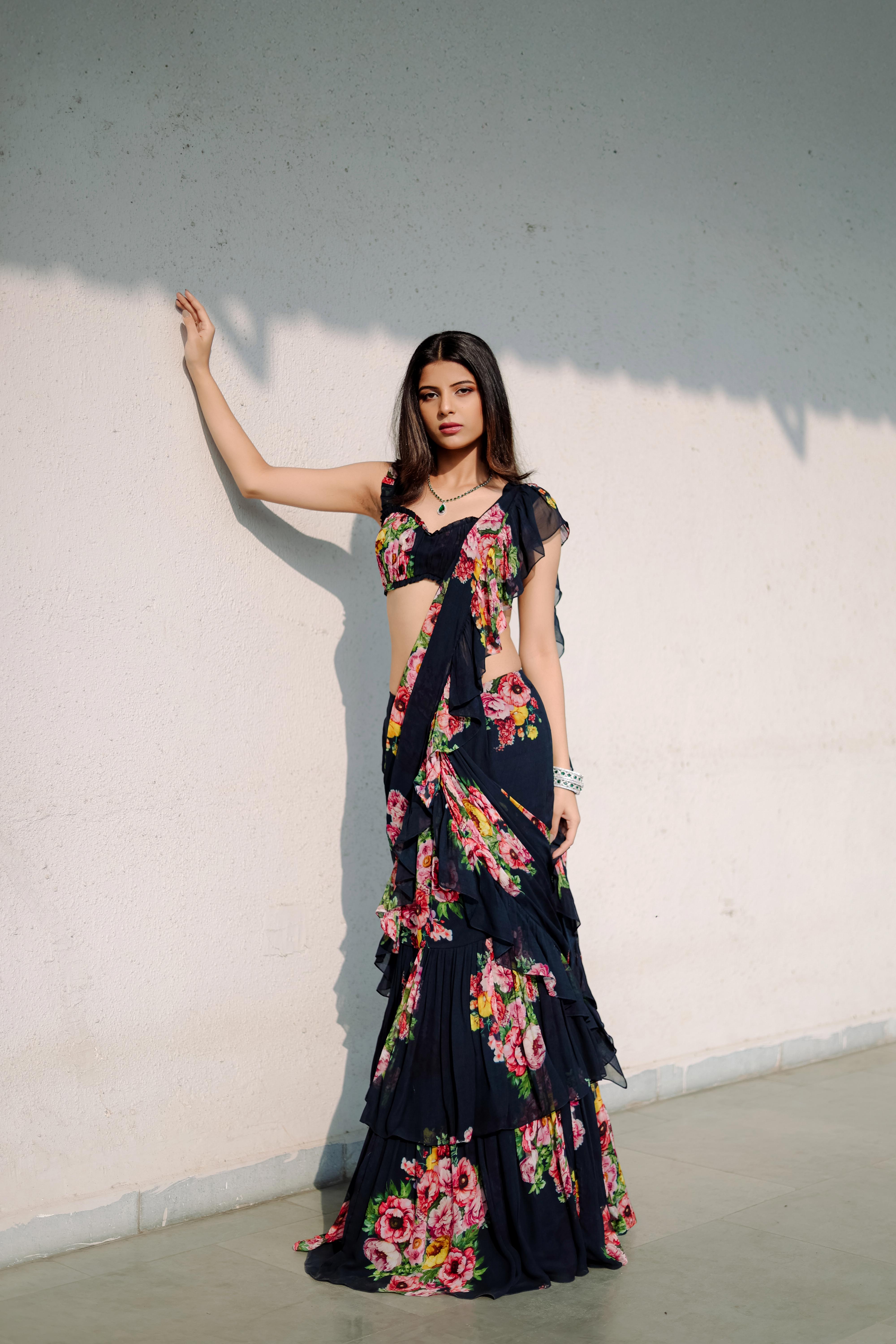 Persian Blue Floral  printed Ruffle Pre-Draped  Saree Set