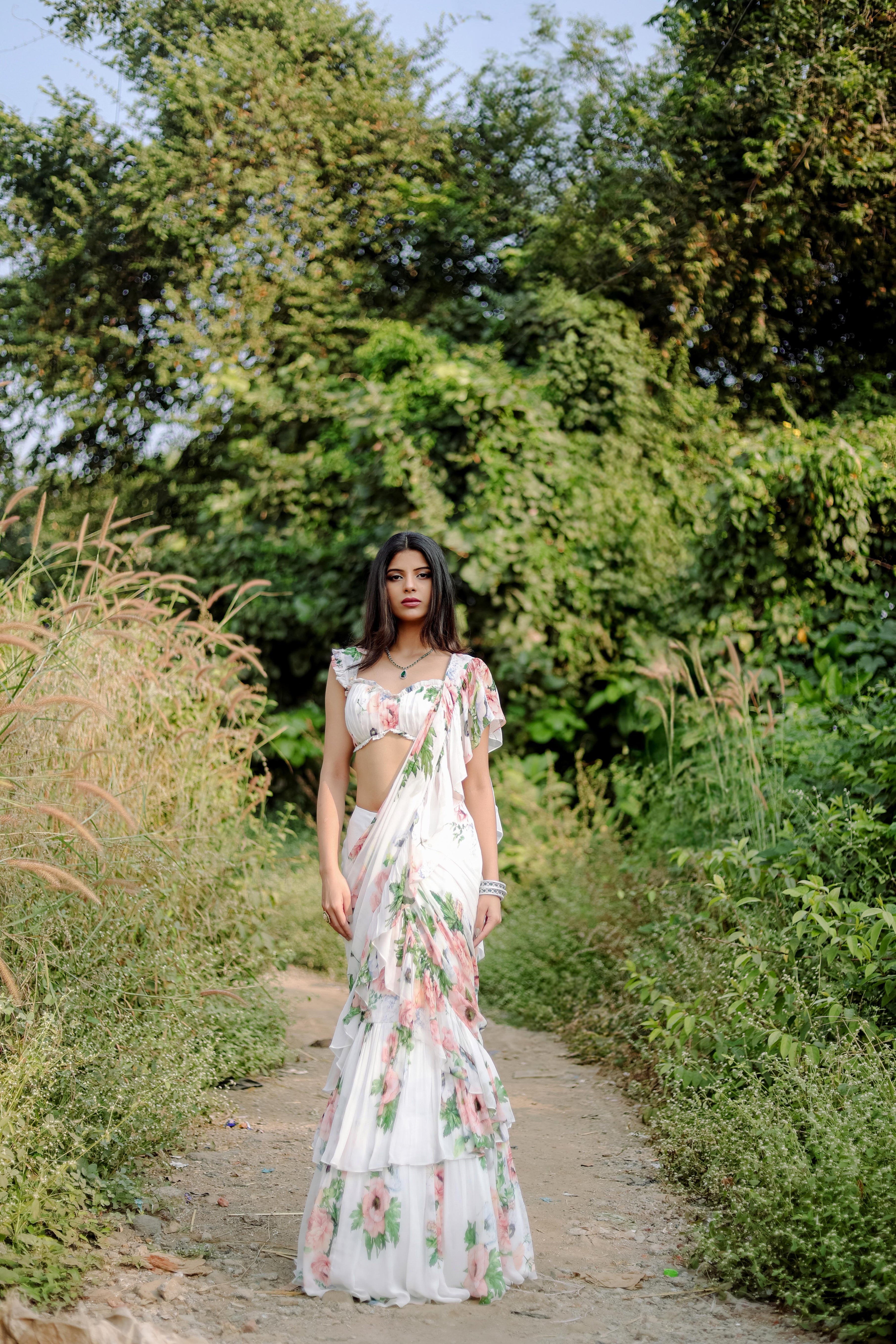 White Floral printed Pre-Draped Ruffle Saree Set