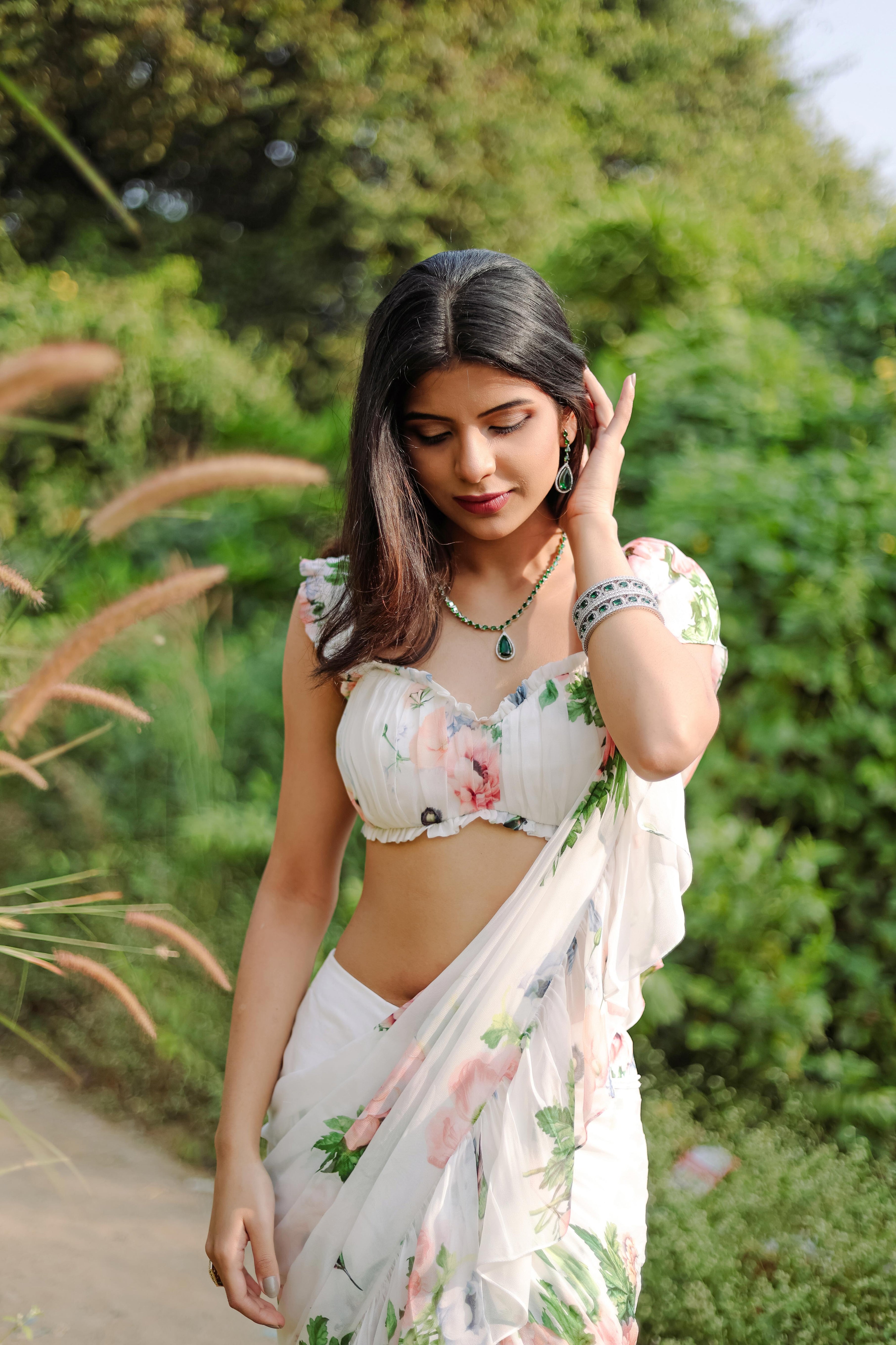 White Floral printed Pre-Draped Ruffle Saree Set