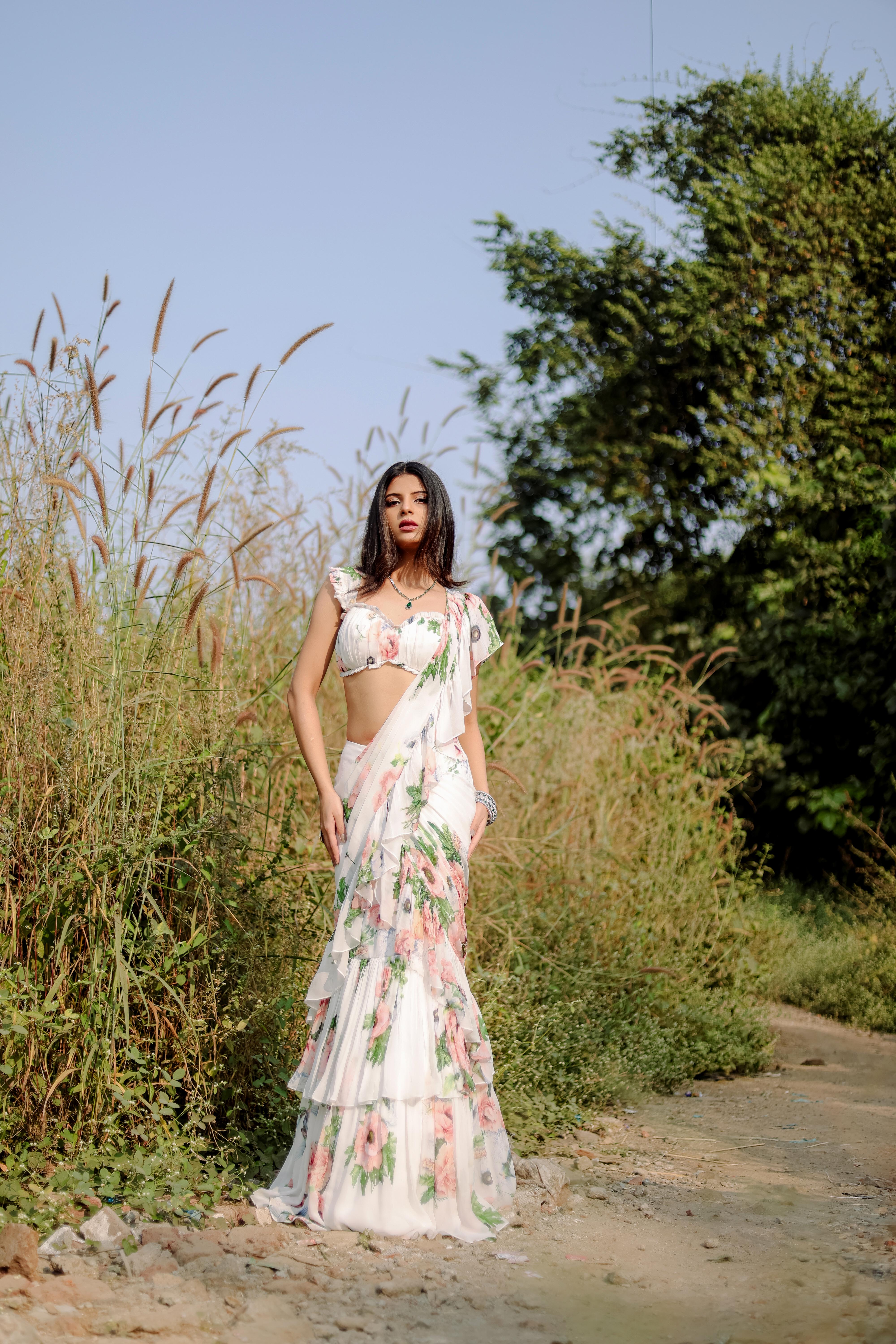 White Floral printed Pre-Draped Ruffle Saree Set