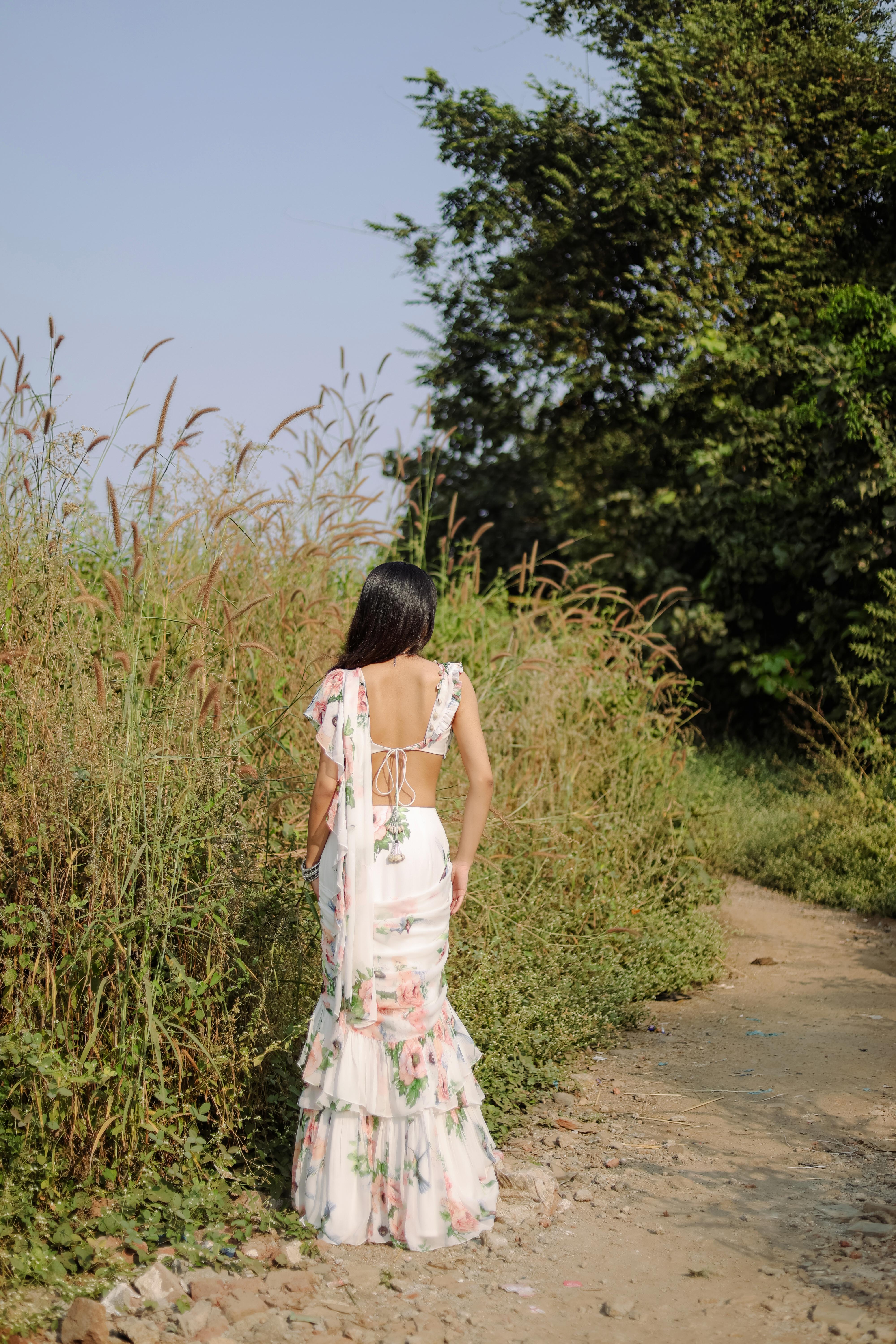 White Floral printed Pre-Draped Ruffle Saree Set