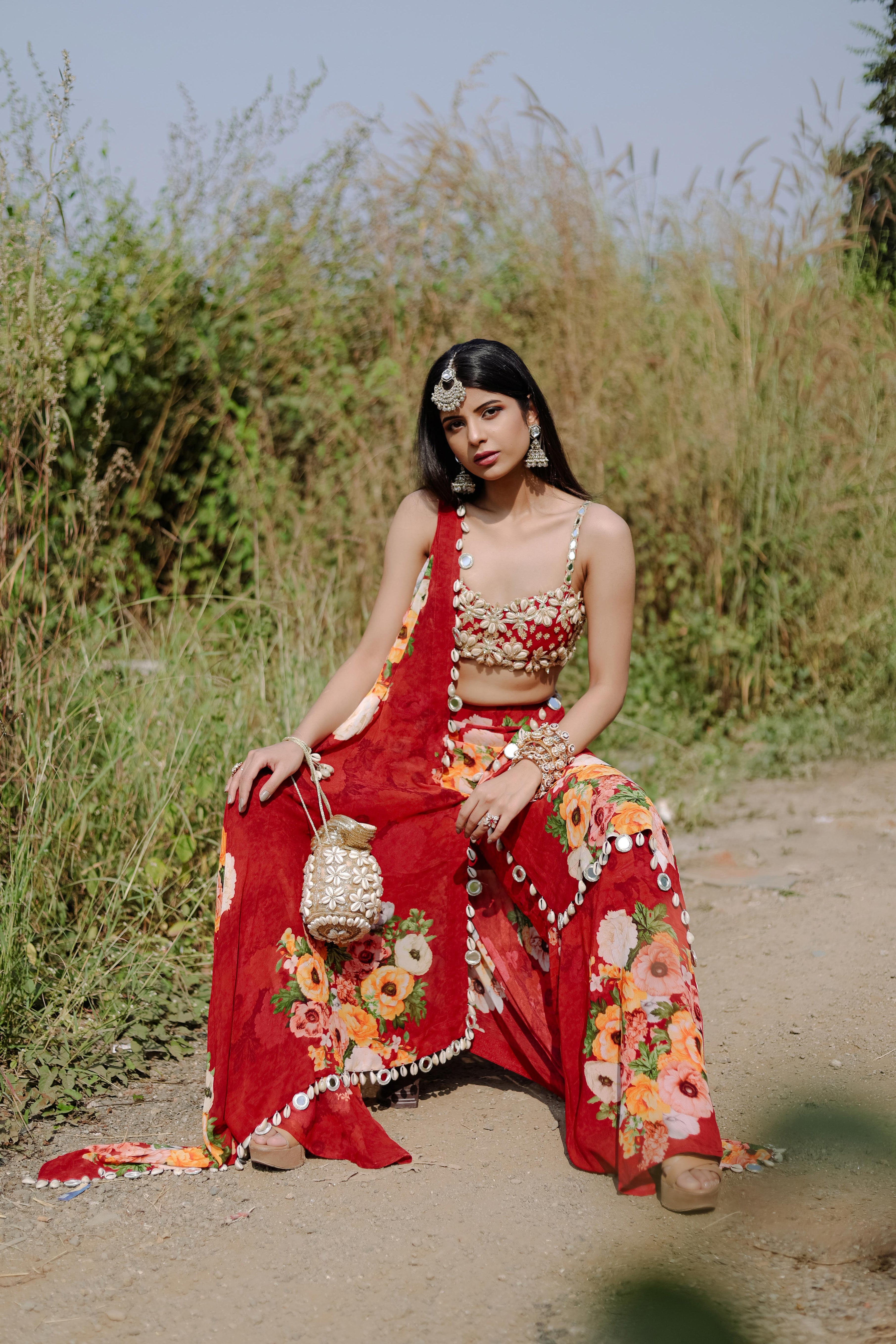 Red Floral Printed Ruffle Pre-Draped Saree Set