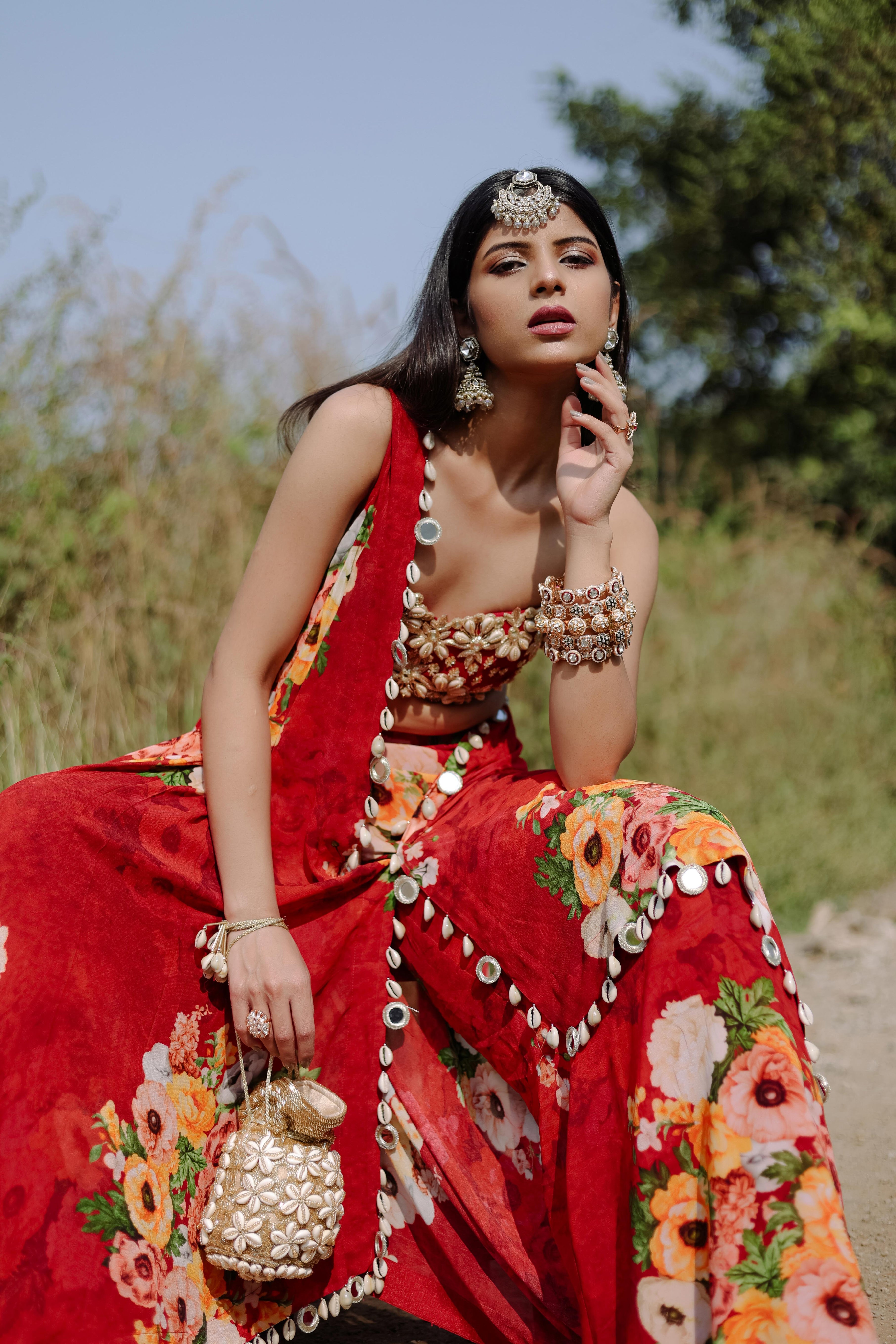 Red Floral Printed Ruffle Pre-Draped Saree Set