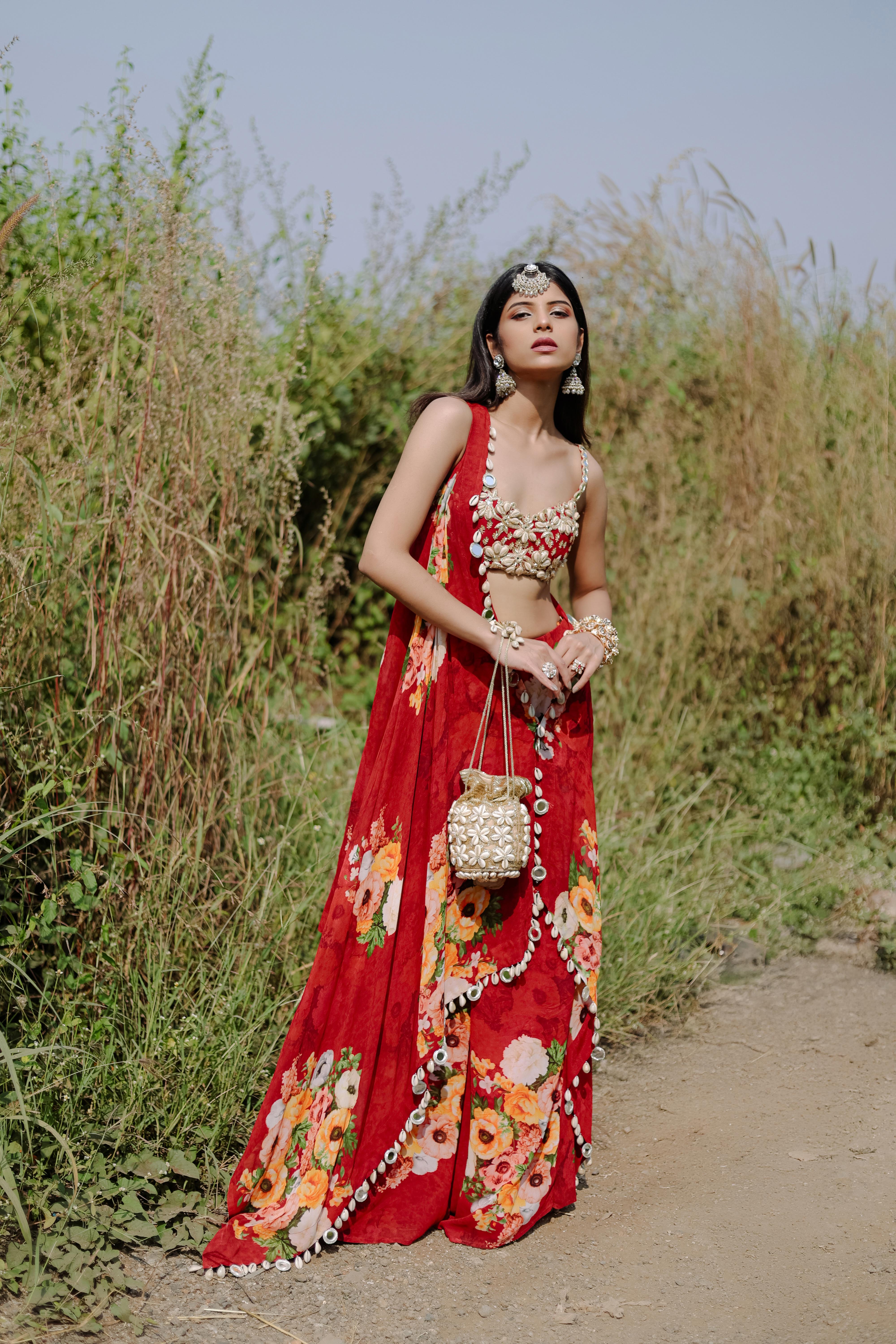 Red Floral Printed Ruffle Pre-Draped Saree Set