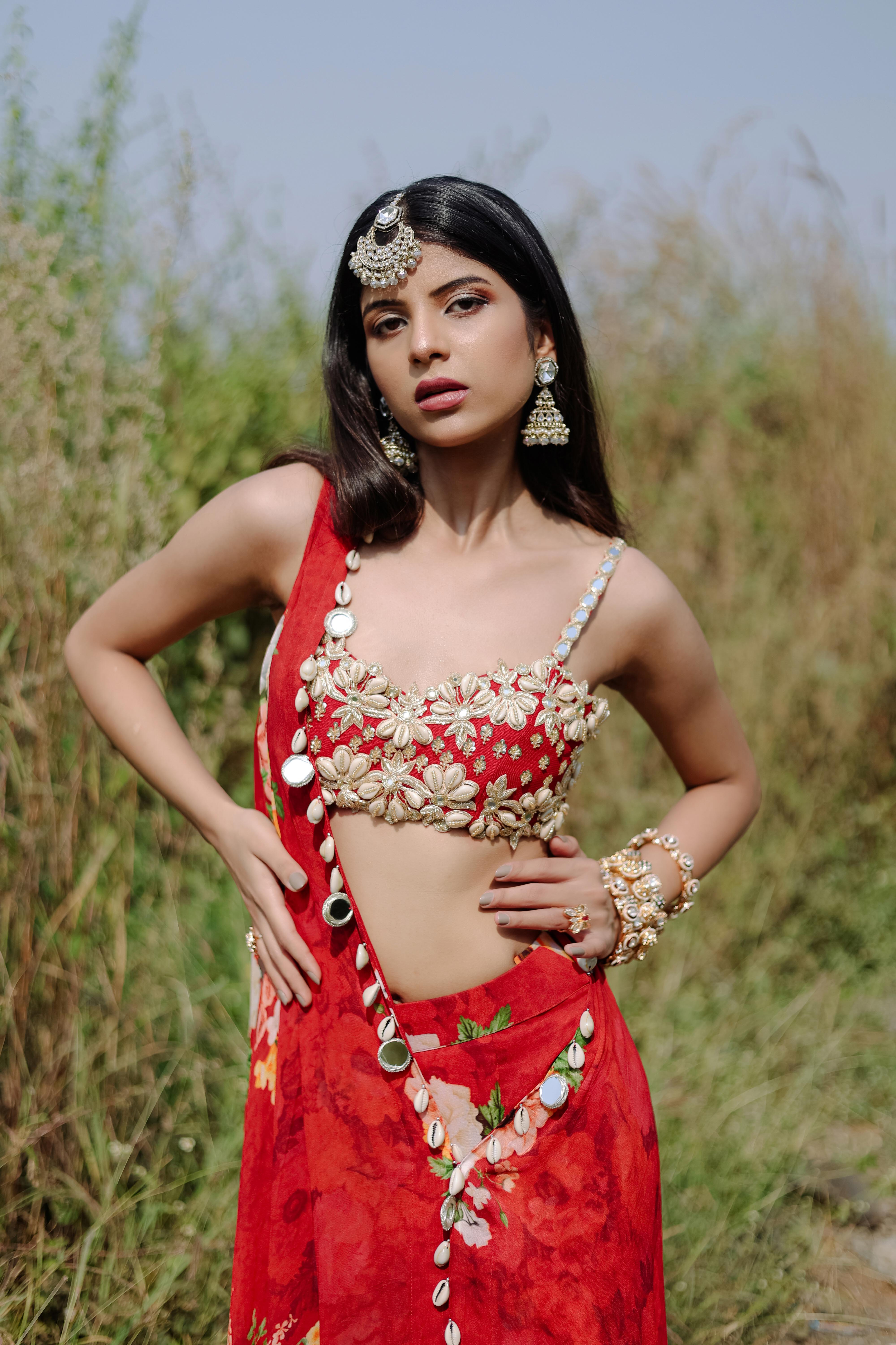 Red Floral Printed Ruffle Pre-Draped Saree Set