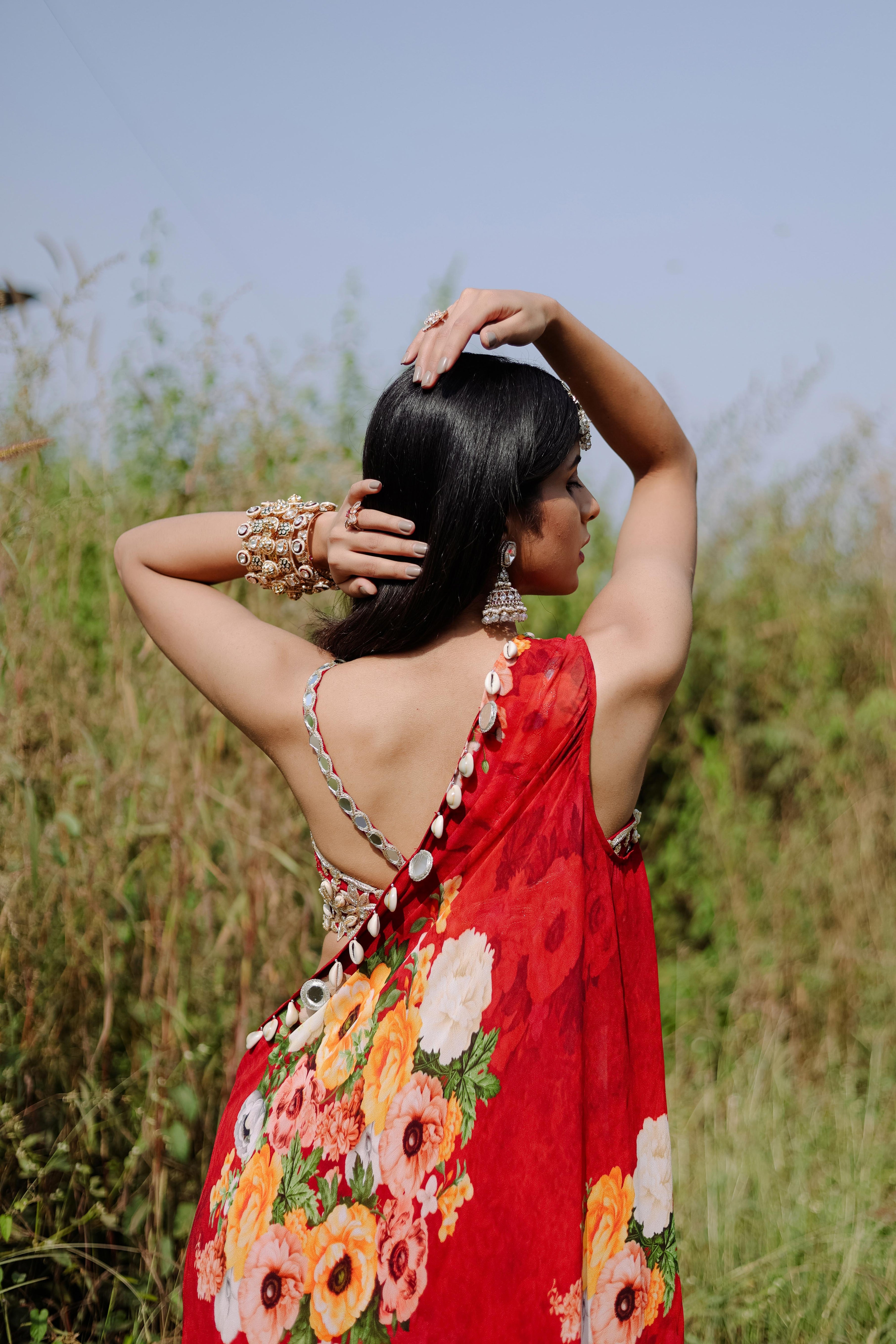Red Floral Printed Ruffle Pre-Draped Saree Set