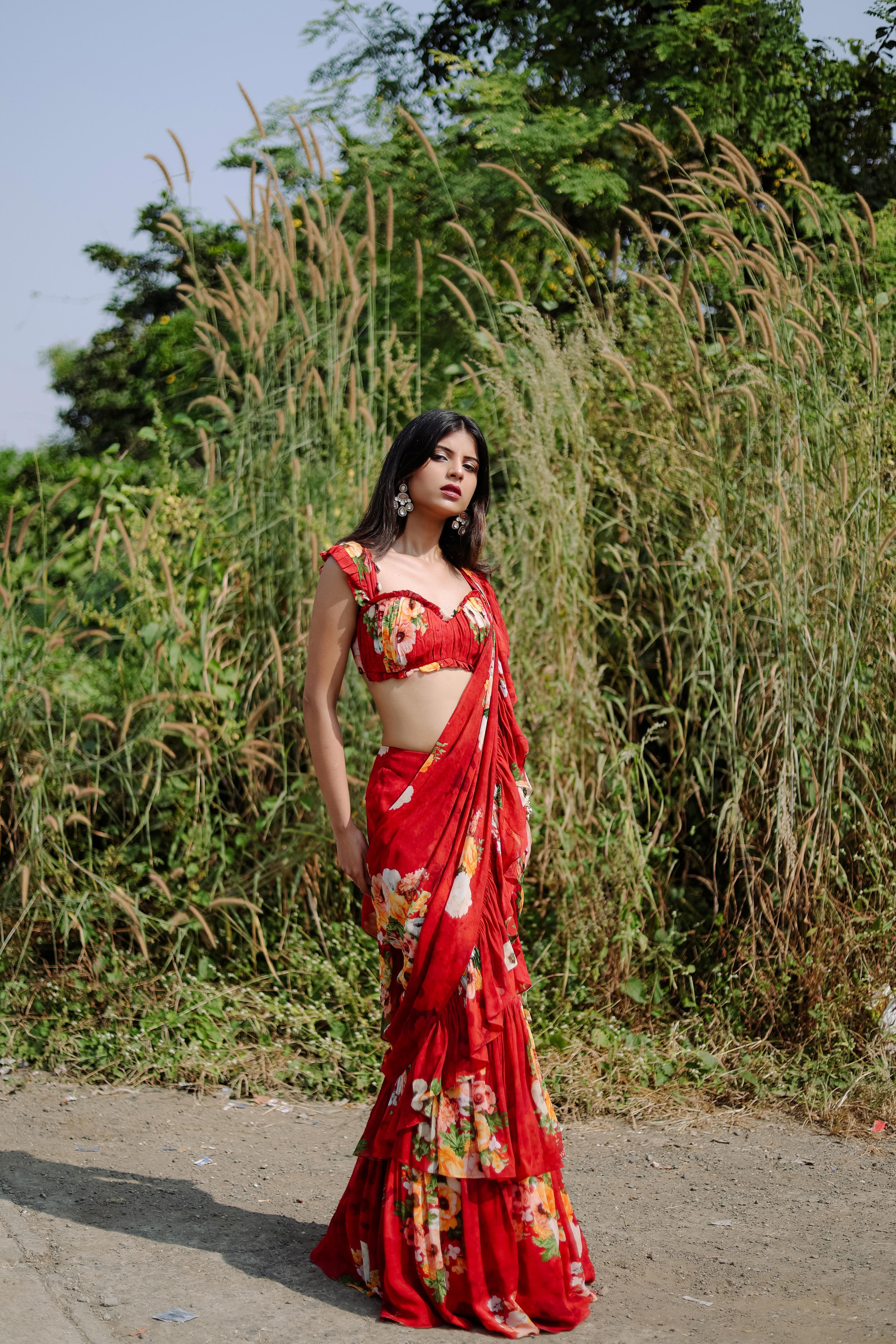 Red Floral printed Pre-Draped Ruffle Saree Set (S)