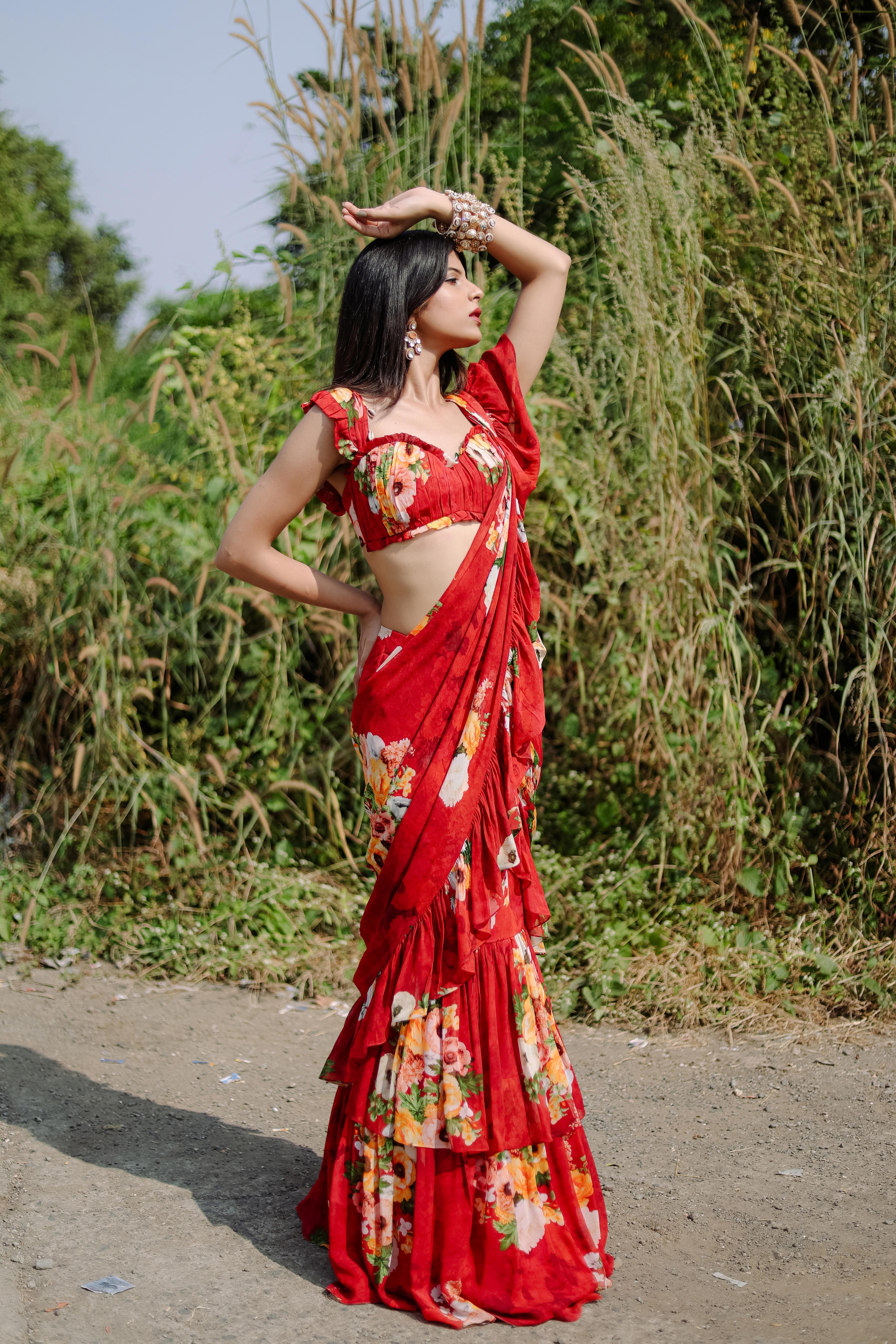 Red Floral printed Pre-Draped Ruffle Saree Set (S)