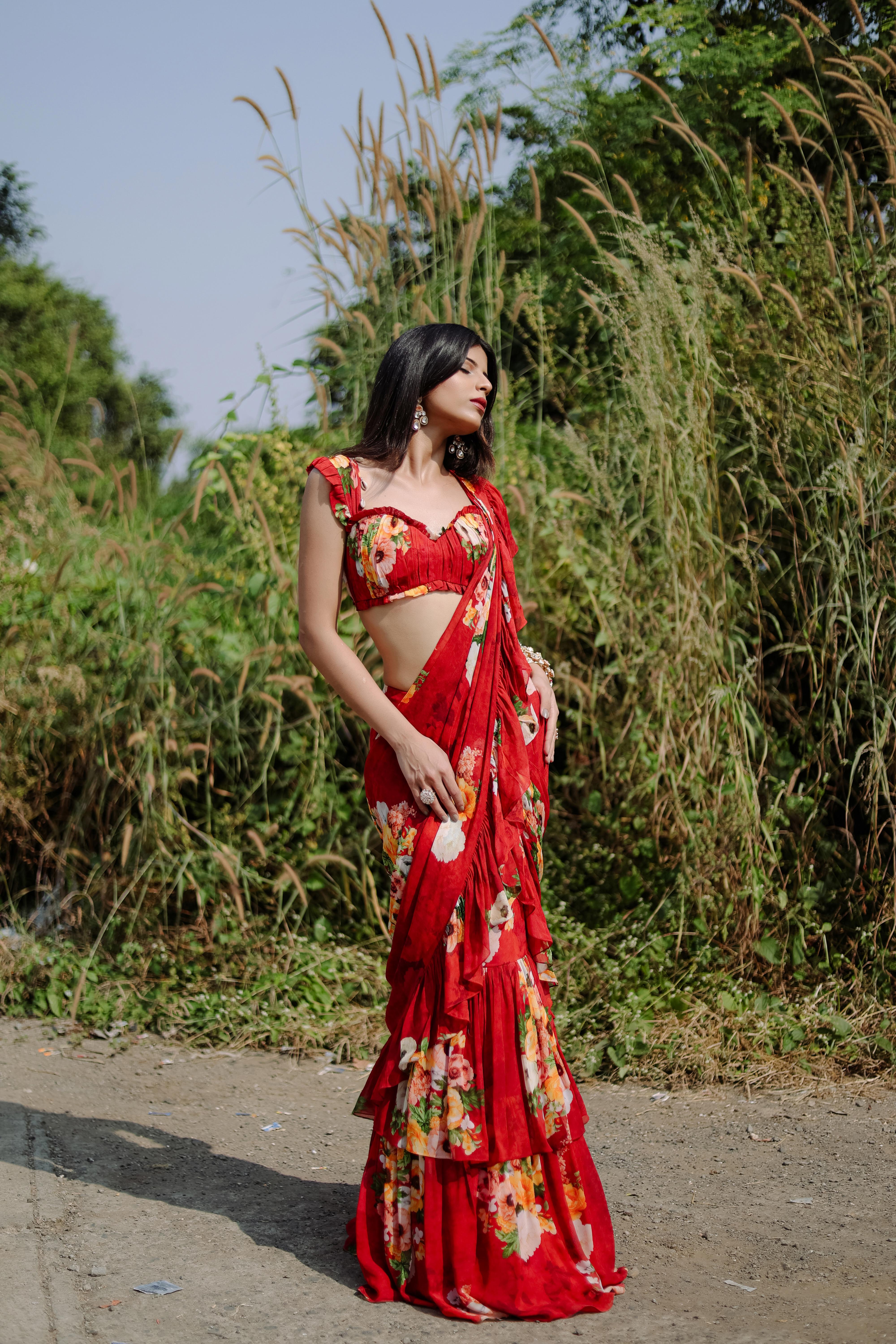 Red Floral printed Pre-Draped Ruffle Saree Set (S)