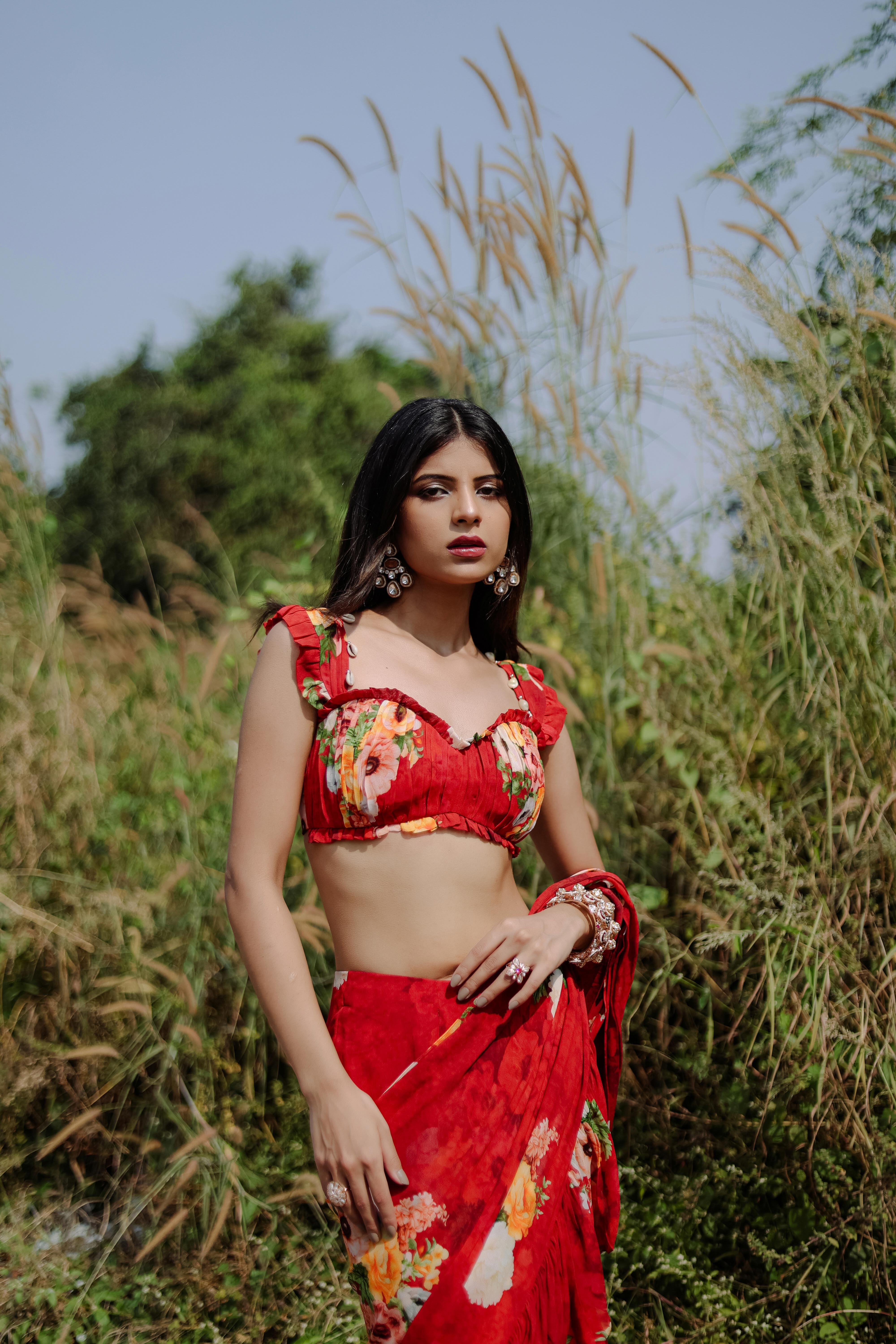 Red Floral printed Pre-Draped Ruffle Saree Set (S)