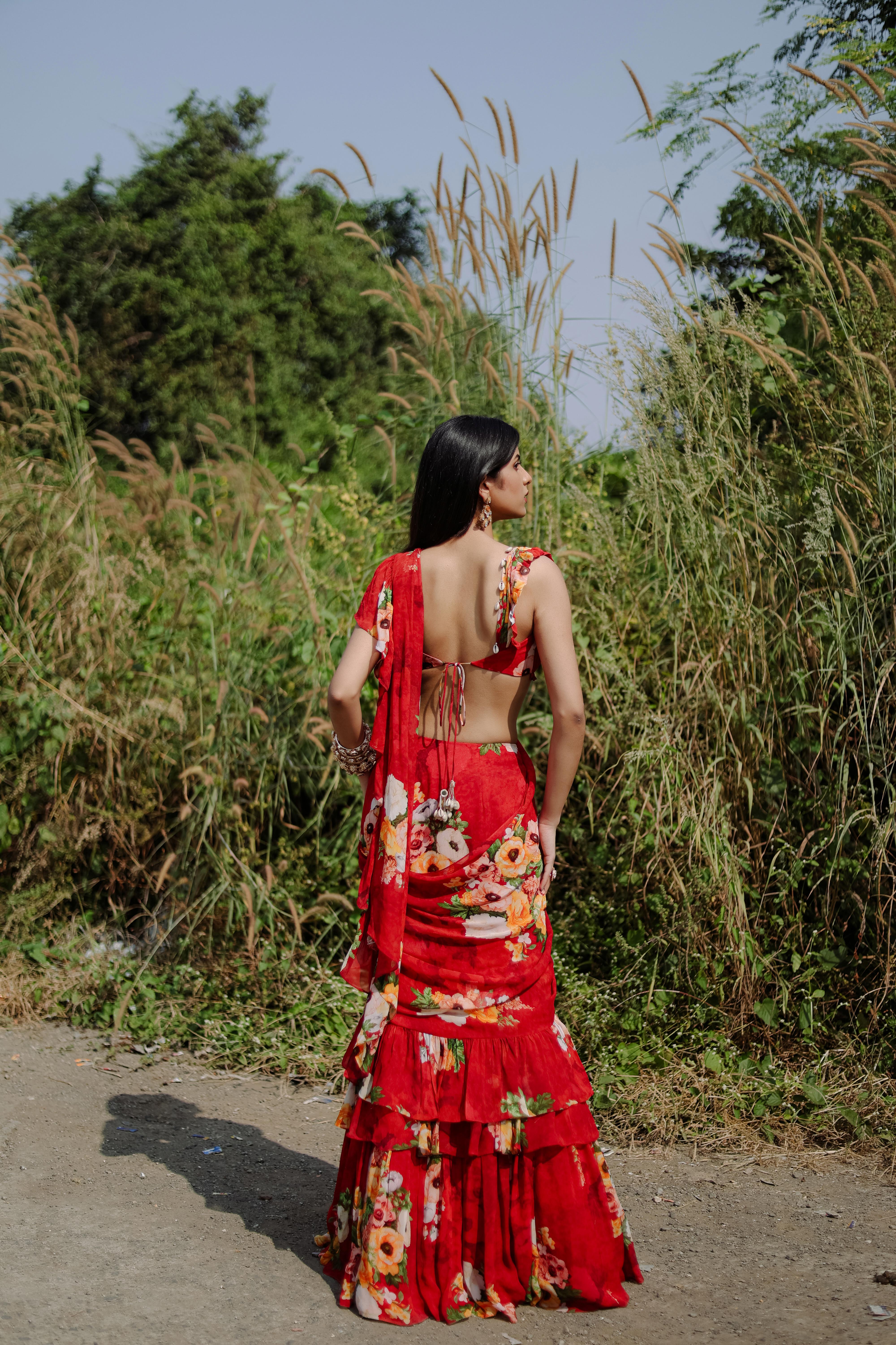 Red Floral printed Pre-Draped Ruffle Saree Set (S)