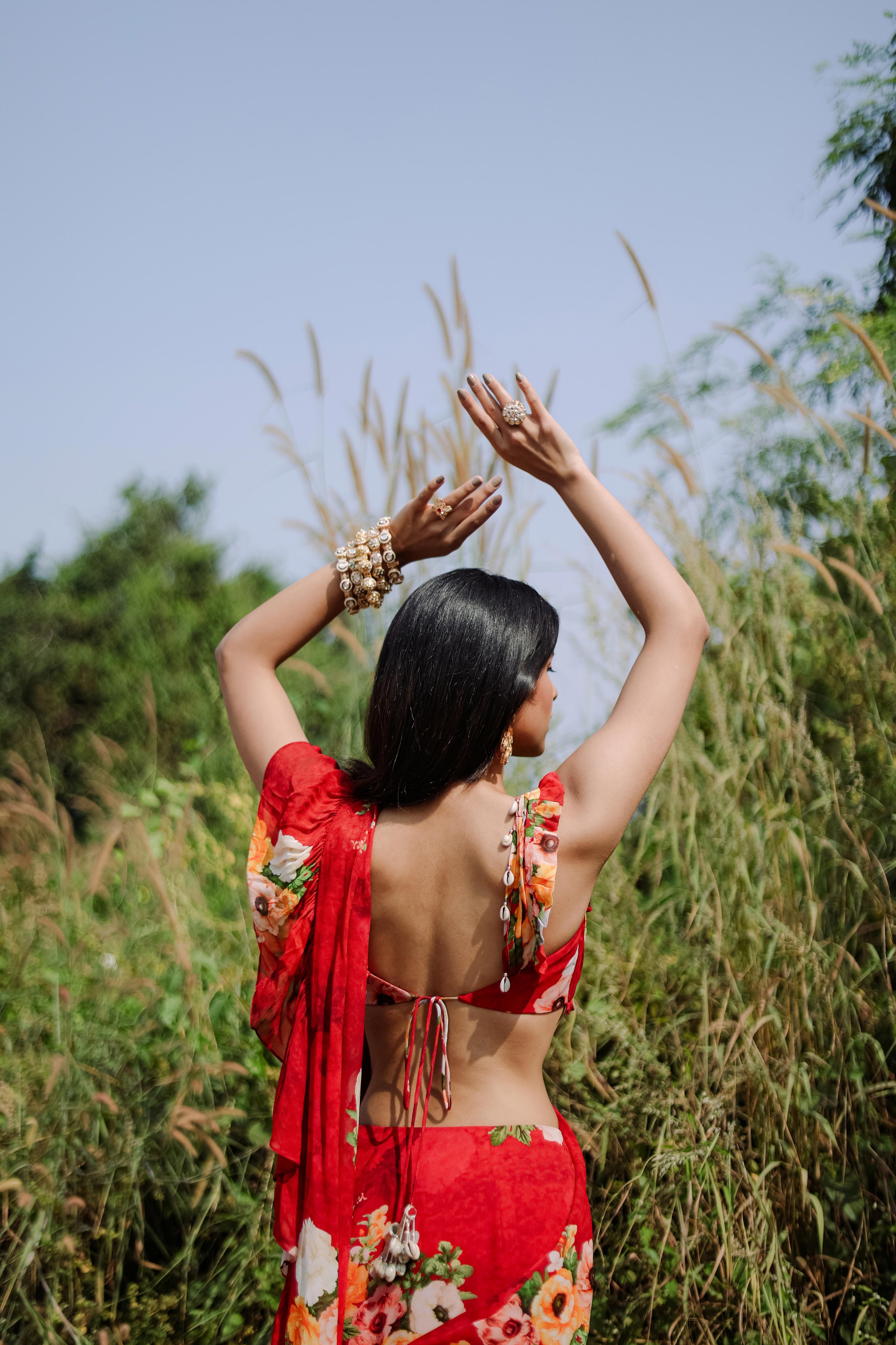Red Floral printed Pre-Draped Ruffle Saree Set (S)