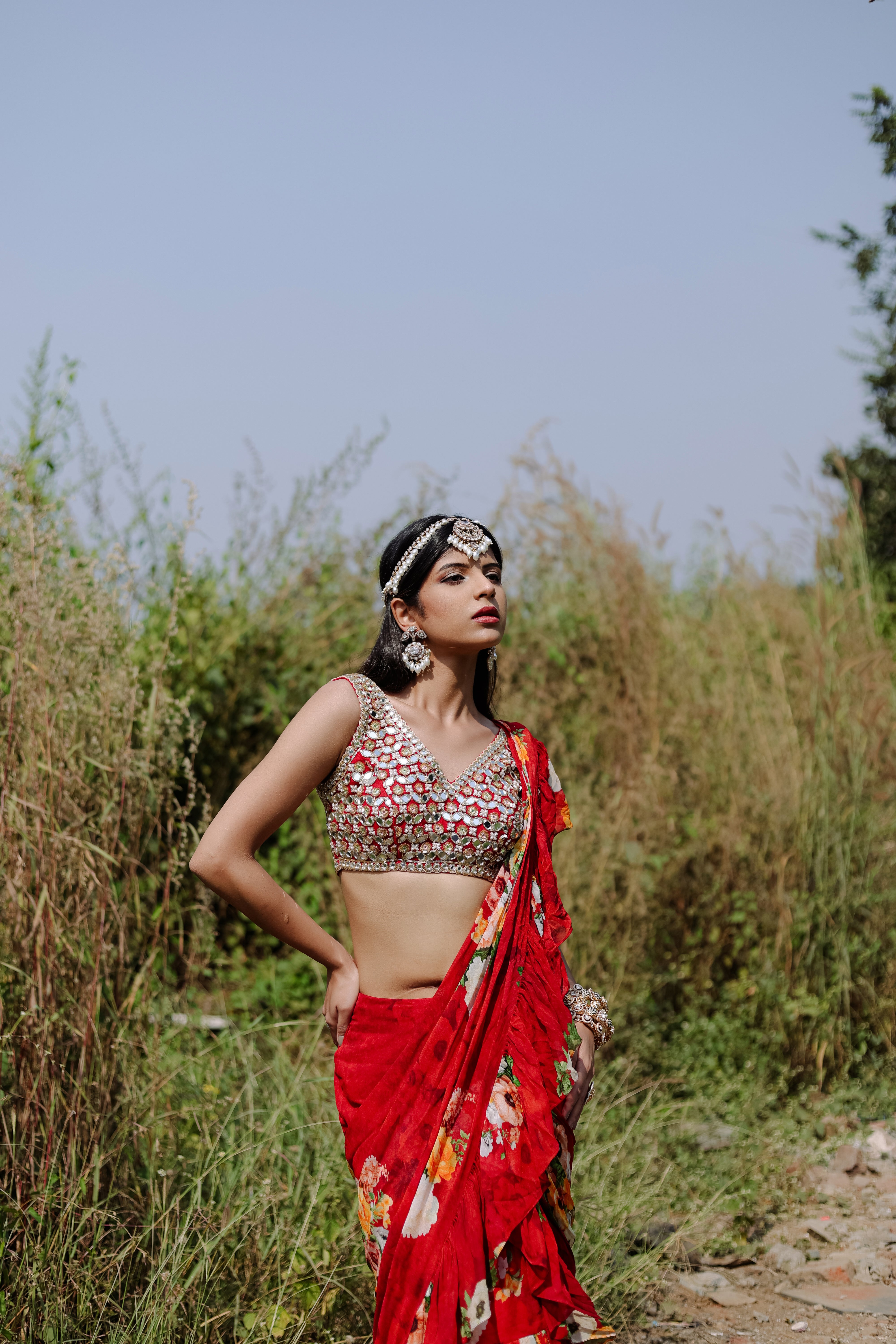 Red Floral  Printed Ruffle Pre-Draped  Saree Set