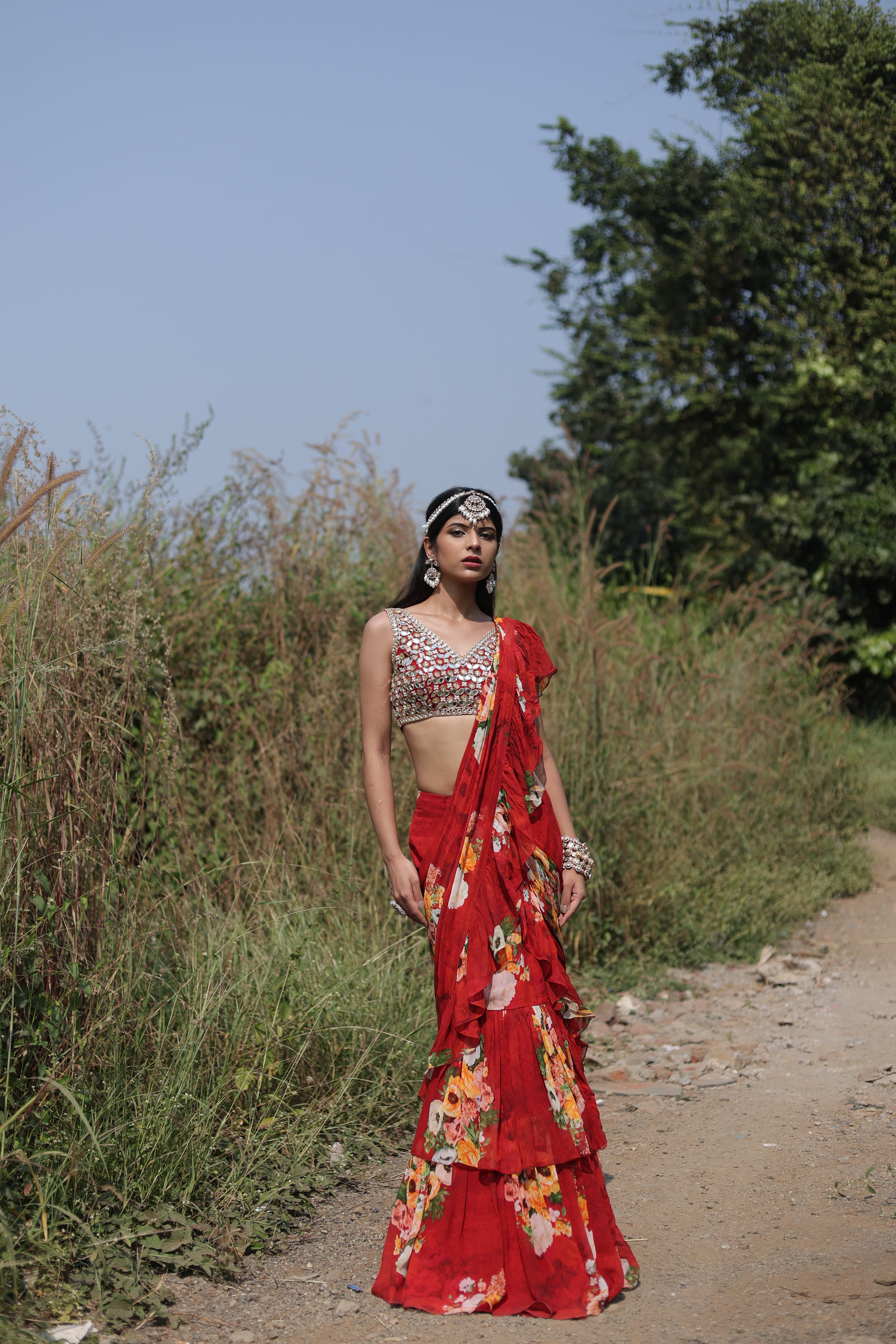 Red Floral  Printed Ruffle Pre-Draped  Saree Set