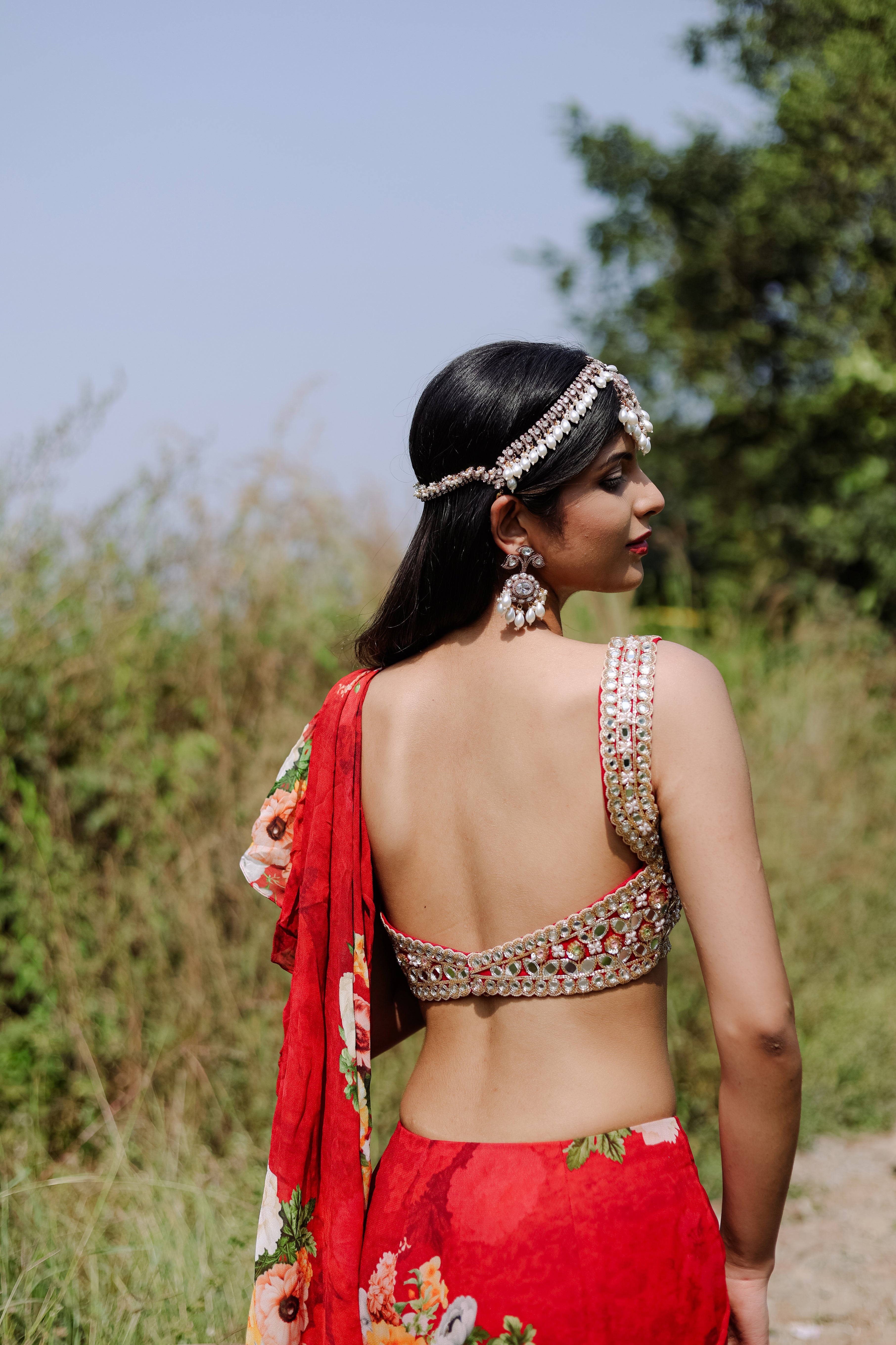 Red Floral  Printed Ruffle Pre-Draped  Saree Set