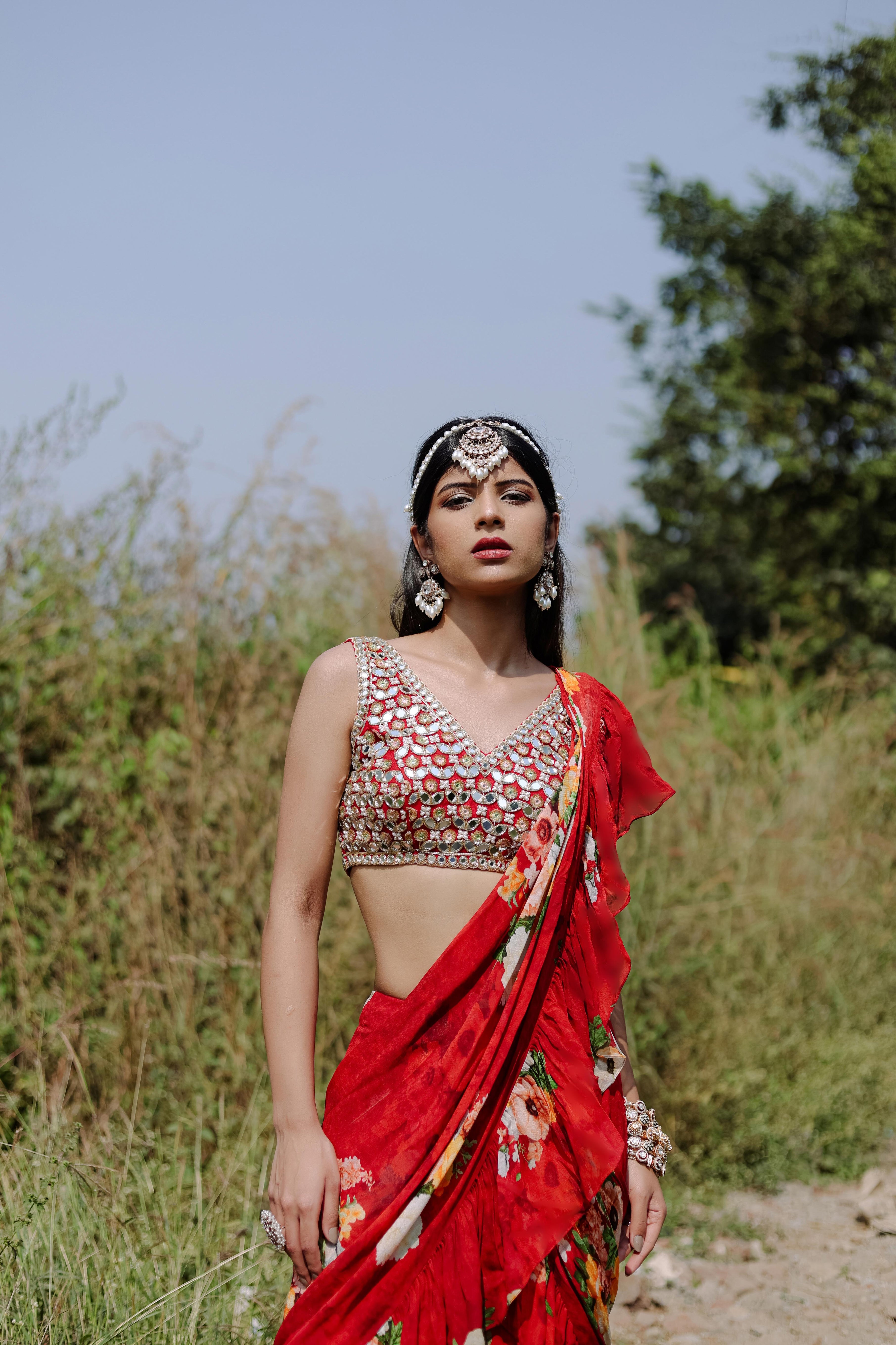 Red  Floral  Printed  Lehenga Set