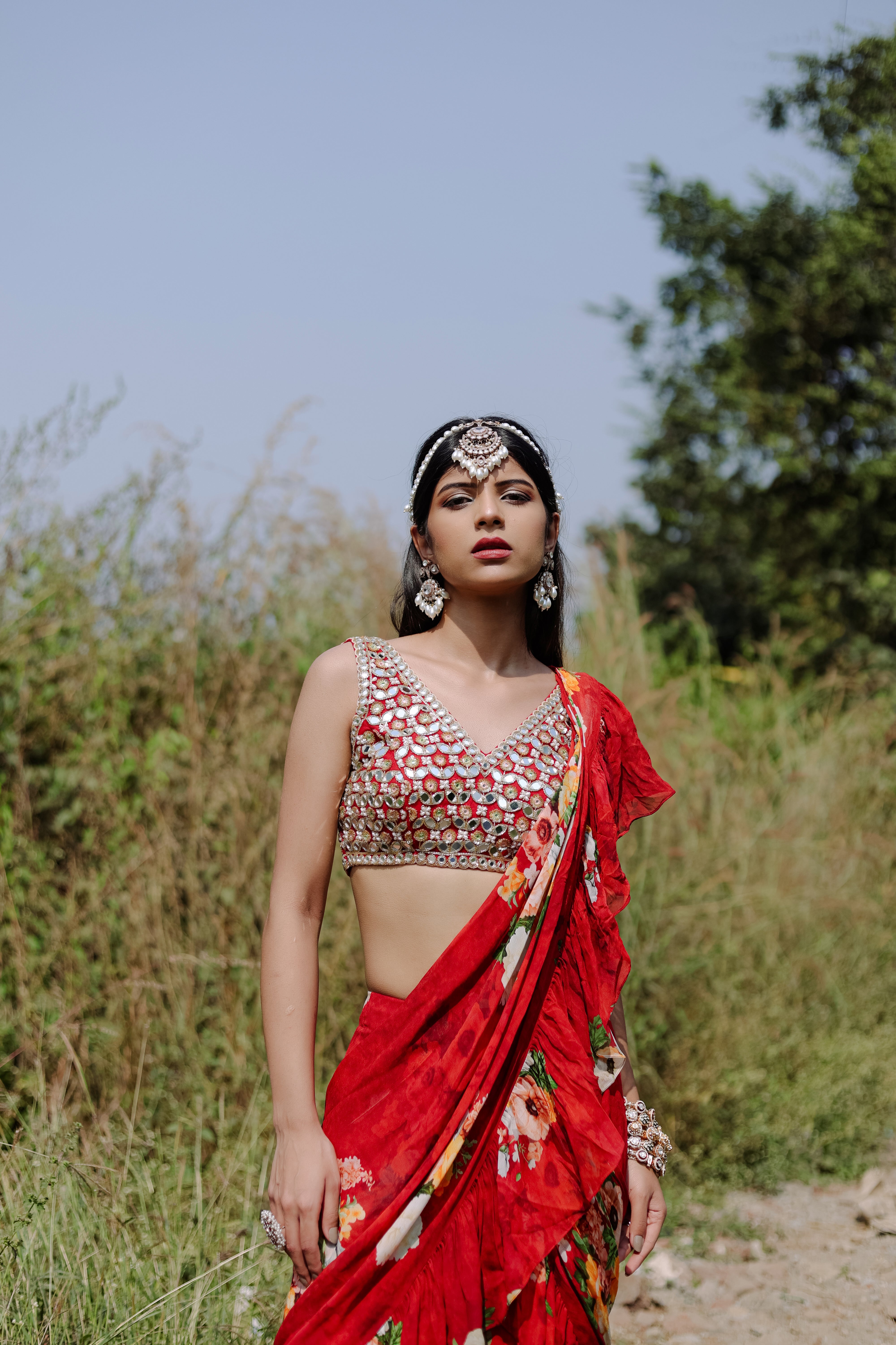 Red Floral  Printed Ruffle Pre-Draped  Saree Set