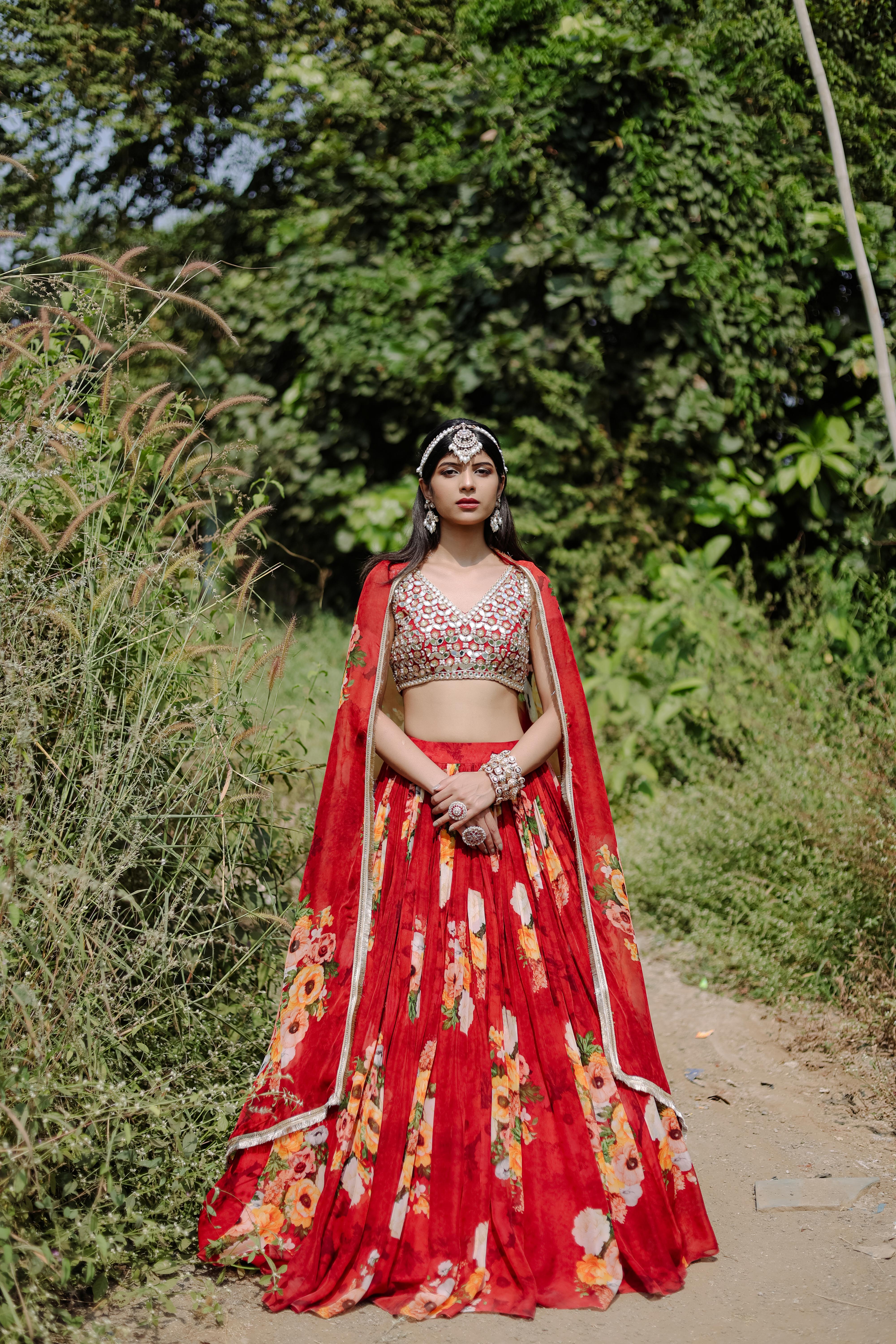 Red  Floral  Printed  Lehenga Set