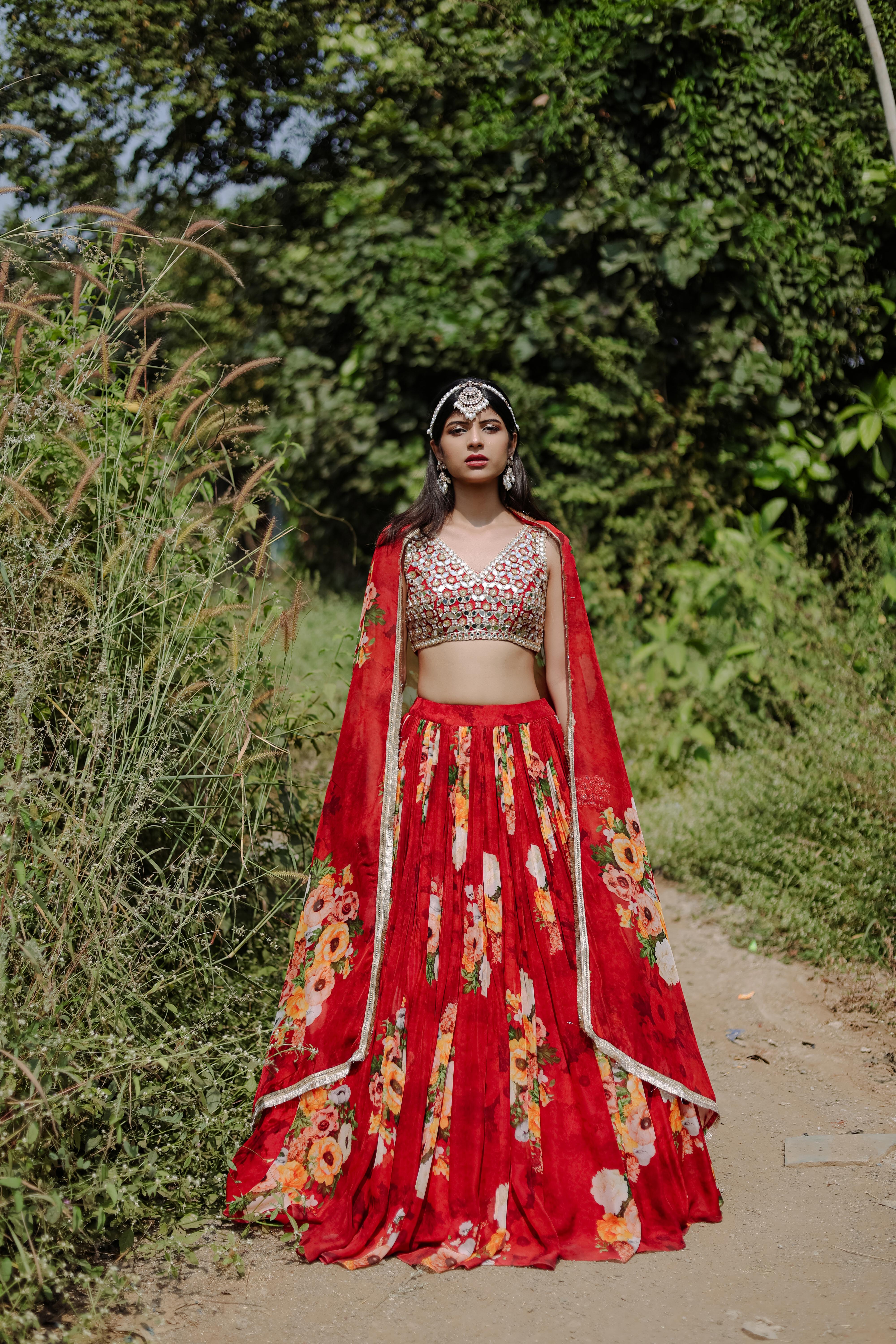Red  Floral  Printed  Lehenga Set
