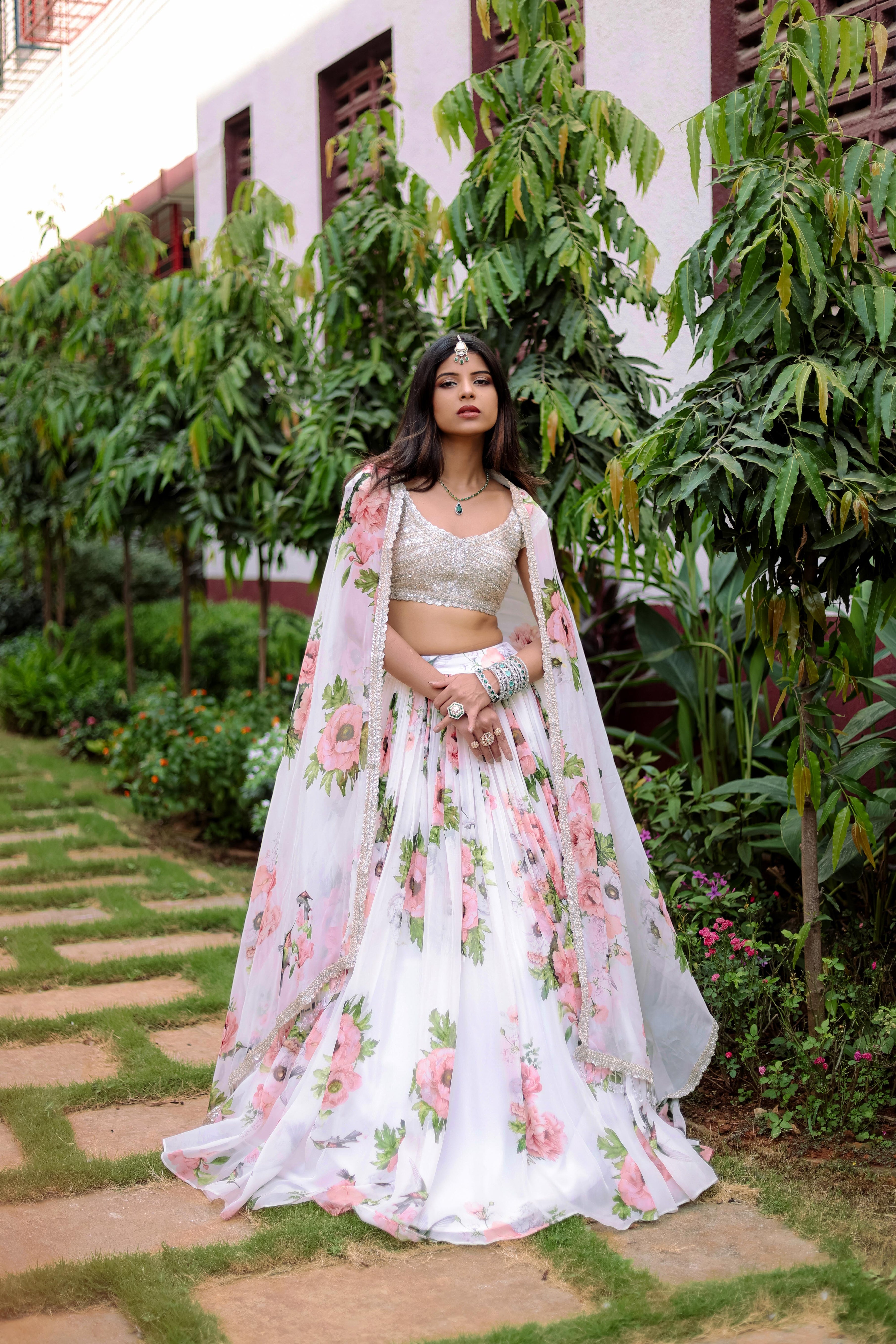 White Floral Printed Lehenga Set