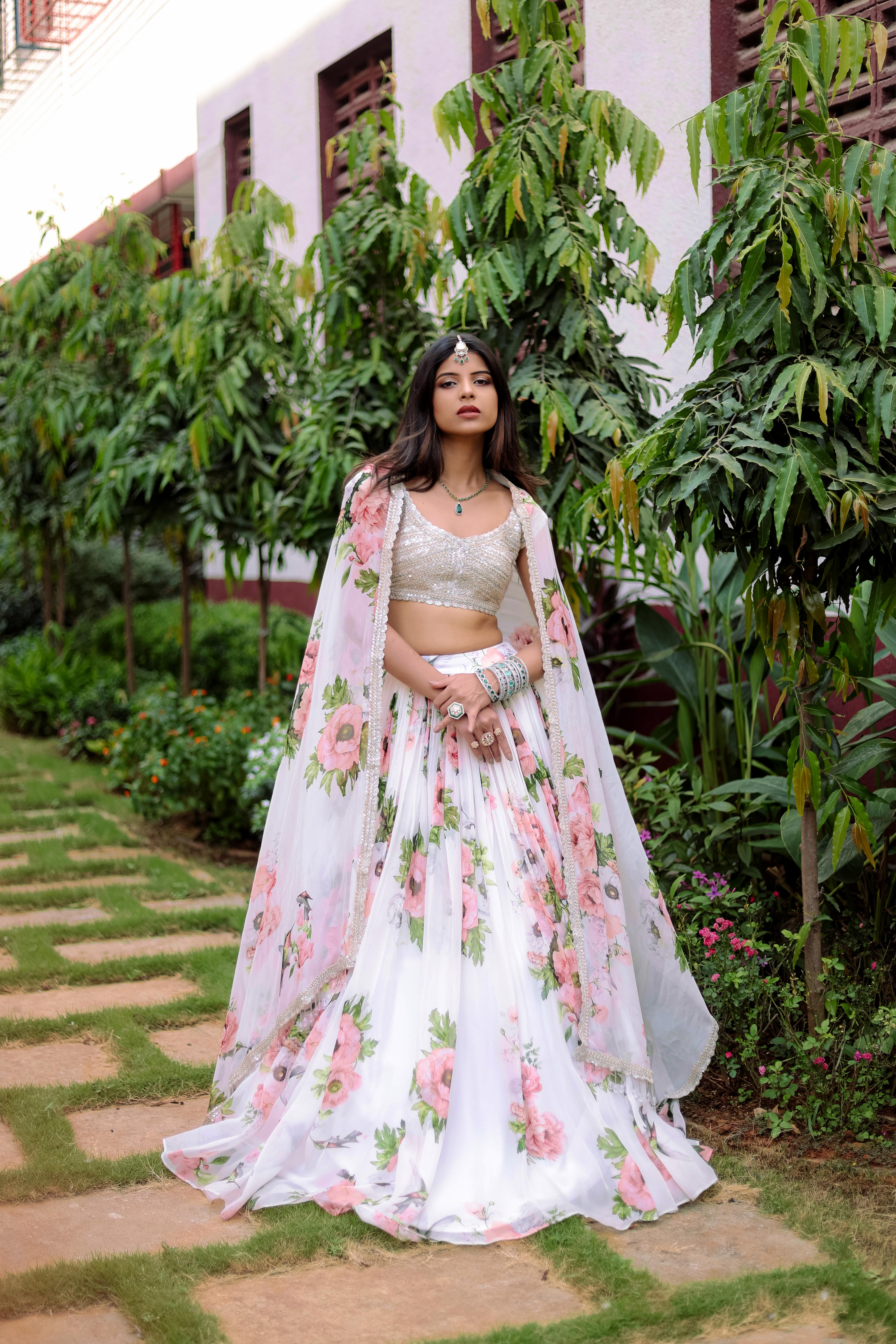 White Floral Printed Lehenga Set