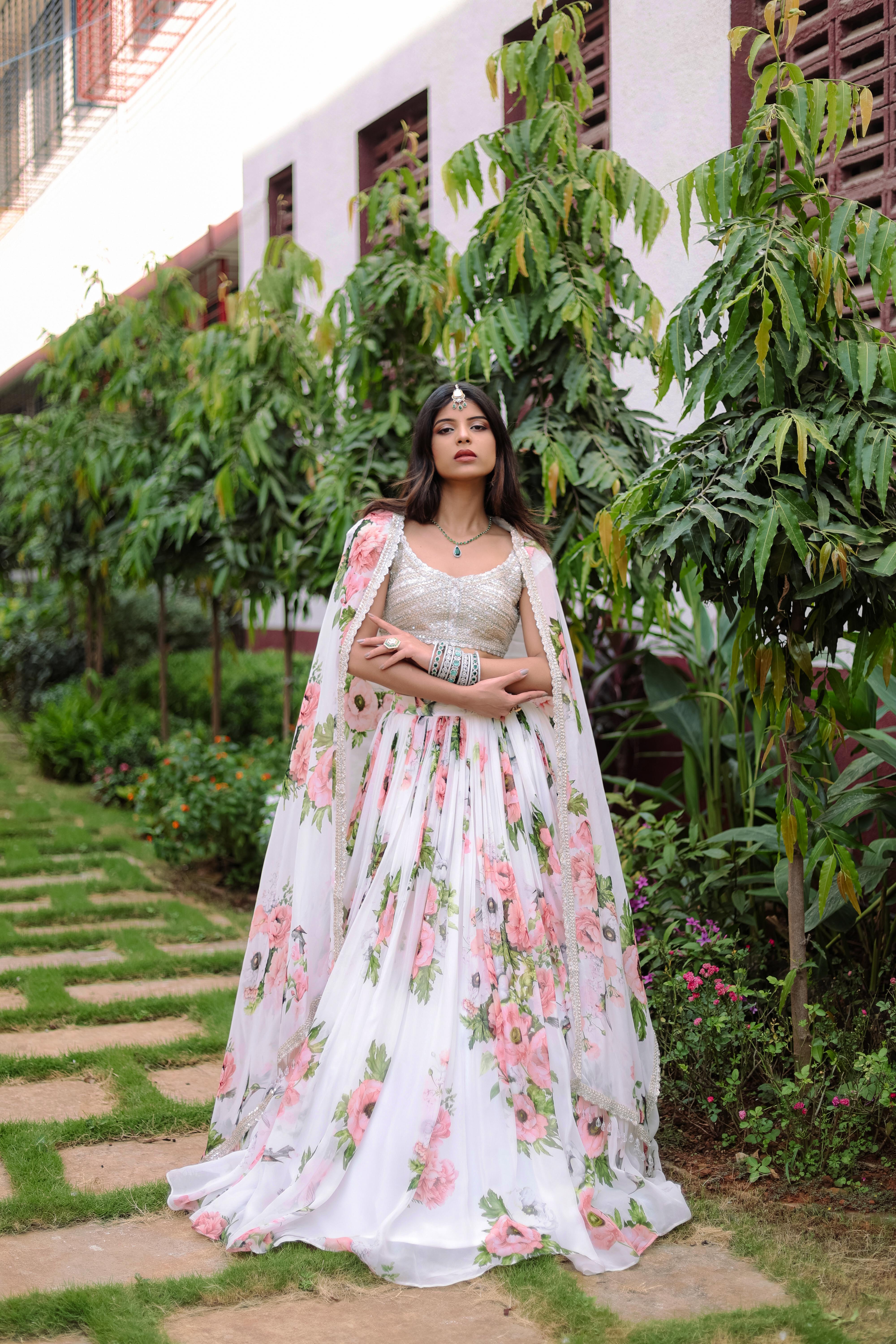 White Floral Printed Lehenga Set