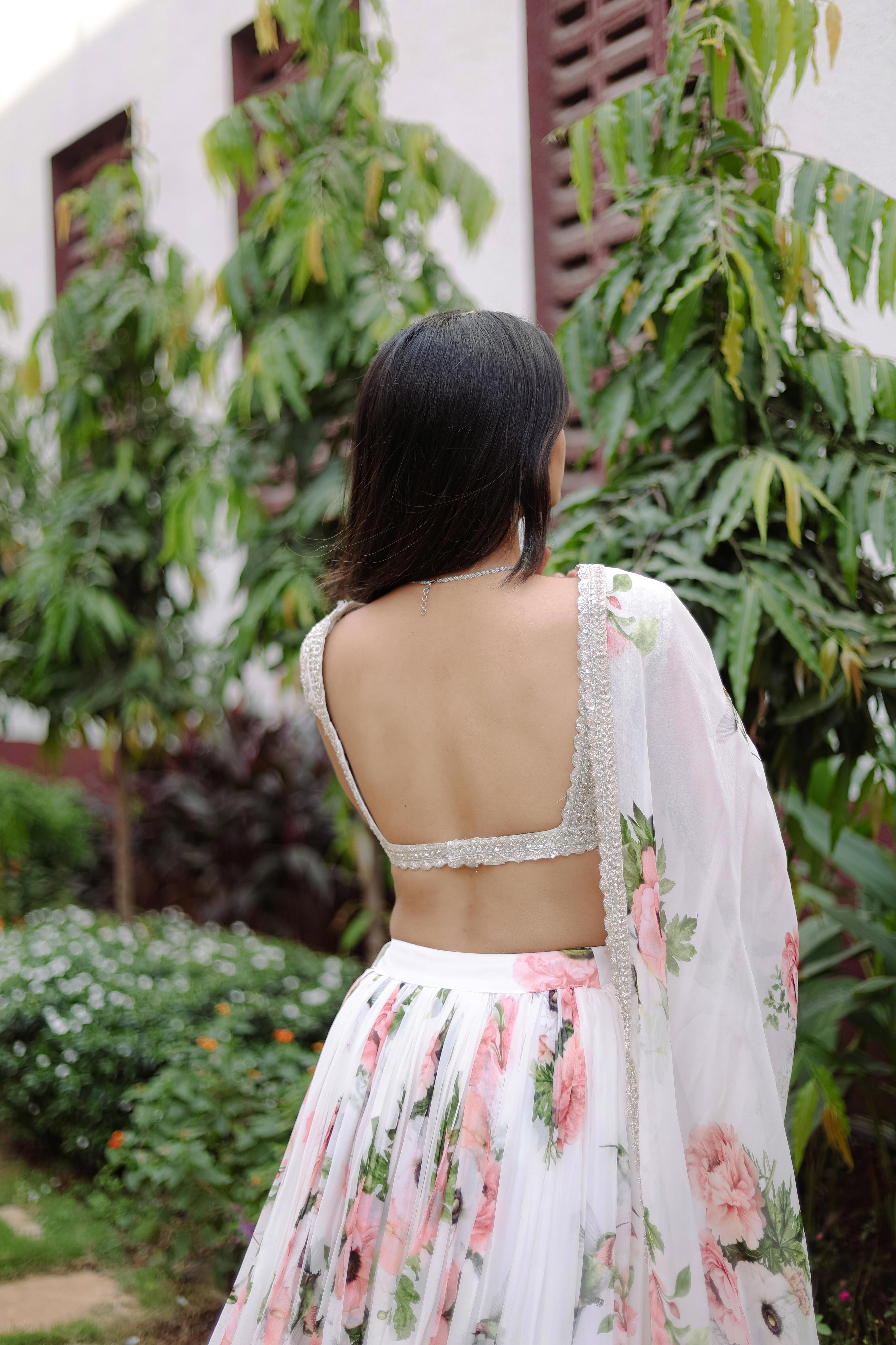 White Floral Printed Lehenga Set