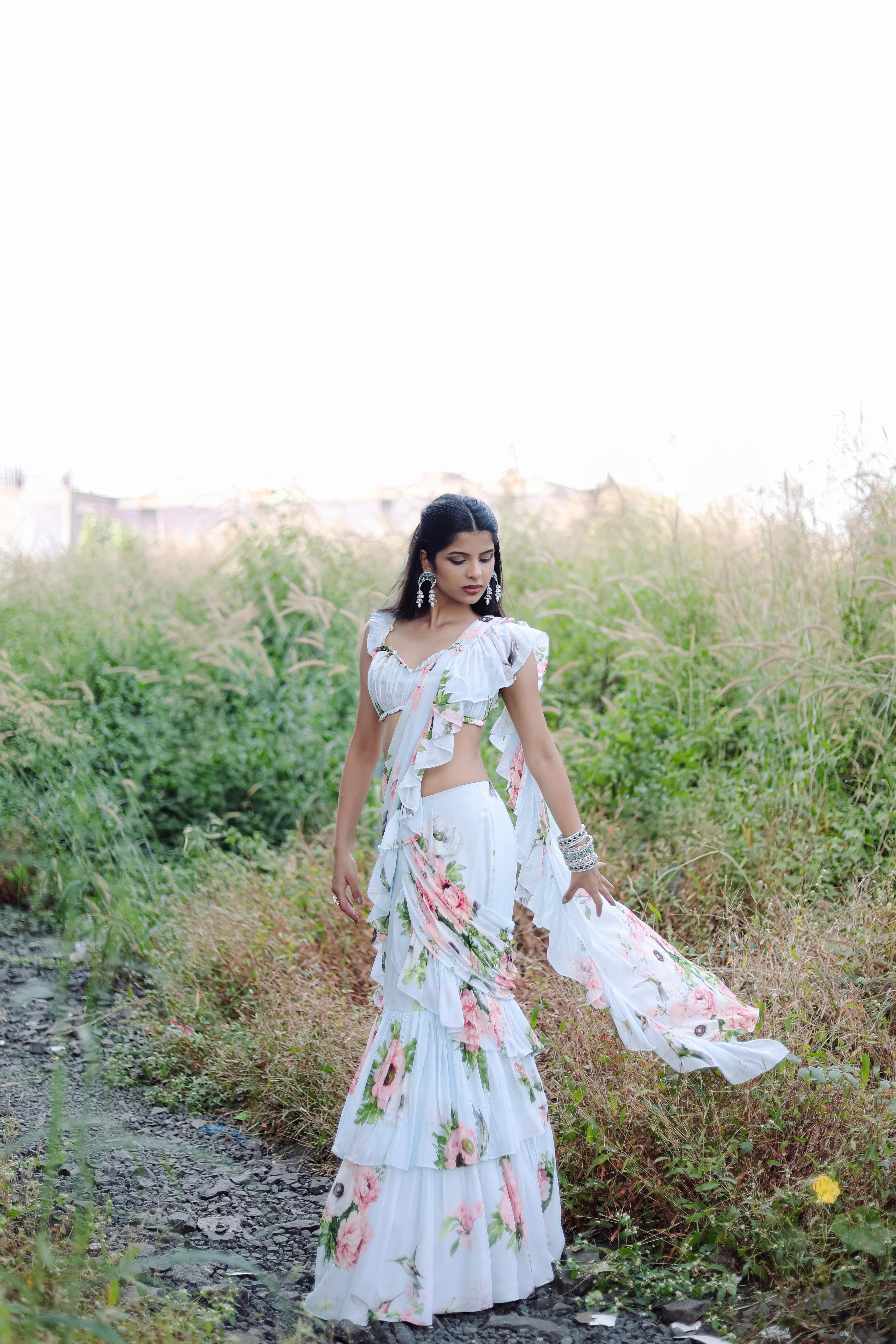 White Floral Printed Ruffle Pre-Draped  Saree Set