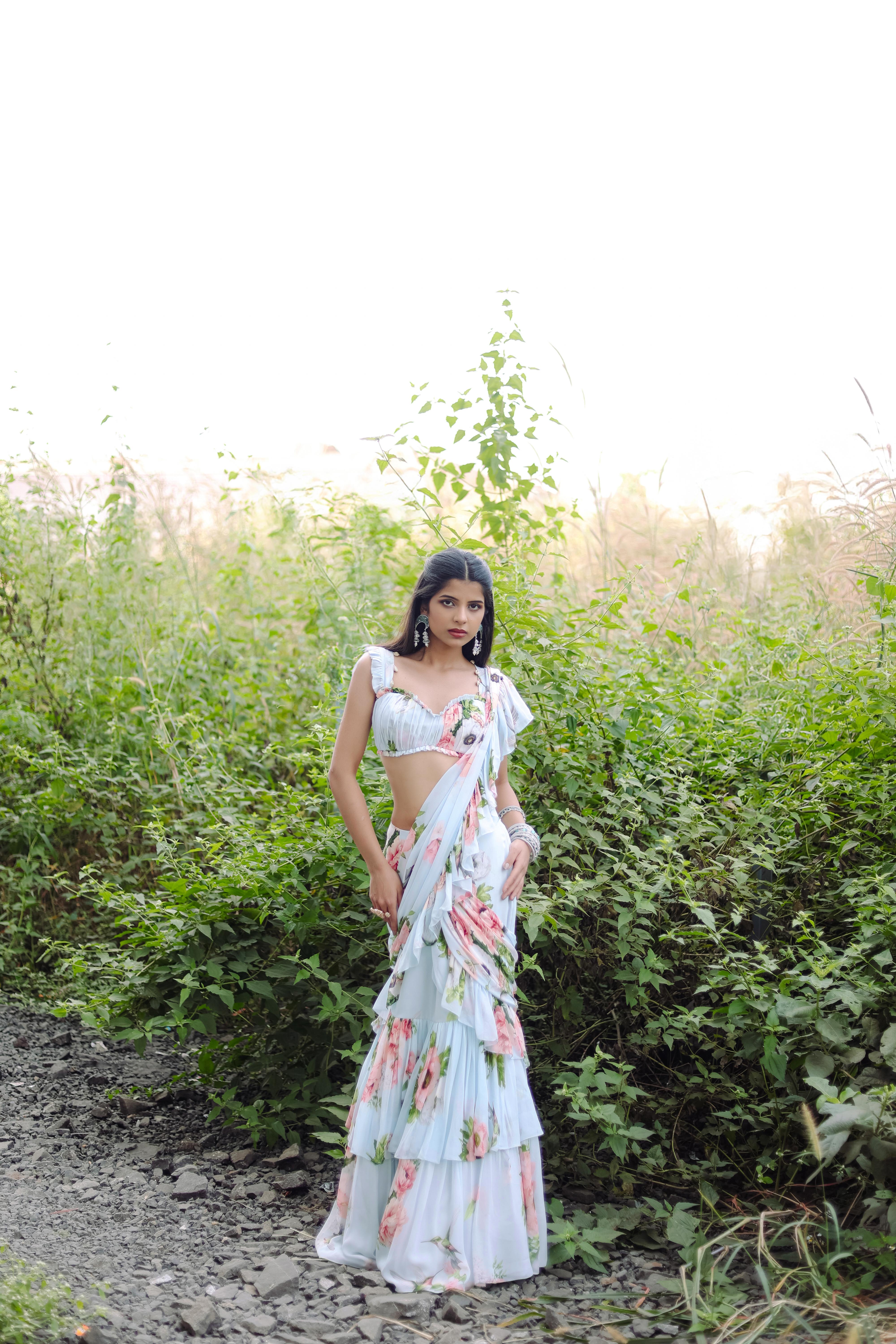 White Floral Printed Ruffle Pre-Draped  Saree Set