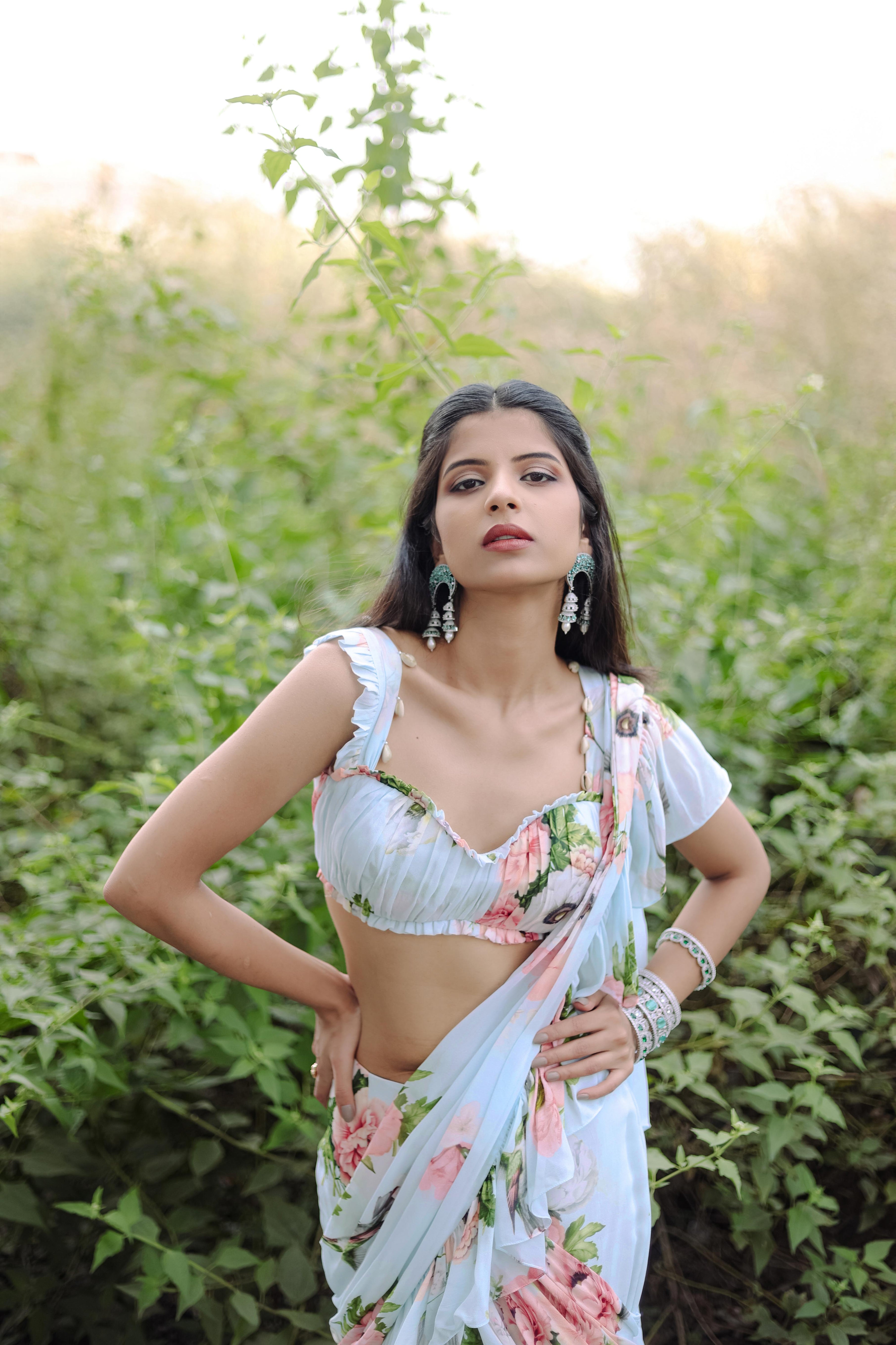 Sky Blue Floral  printed Pre-Draped  Ruffle Saree Set