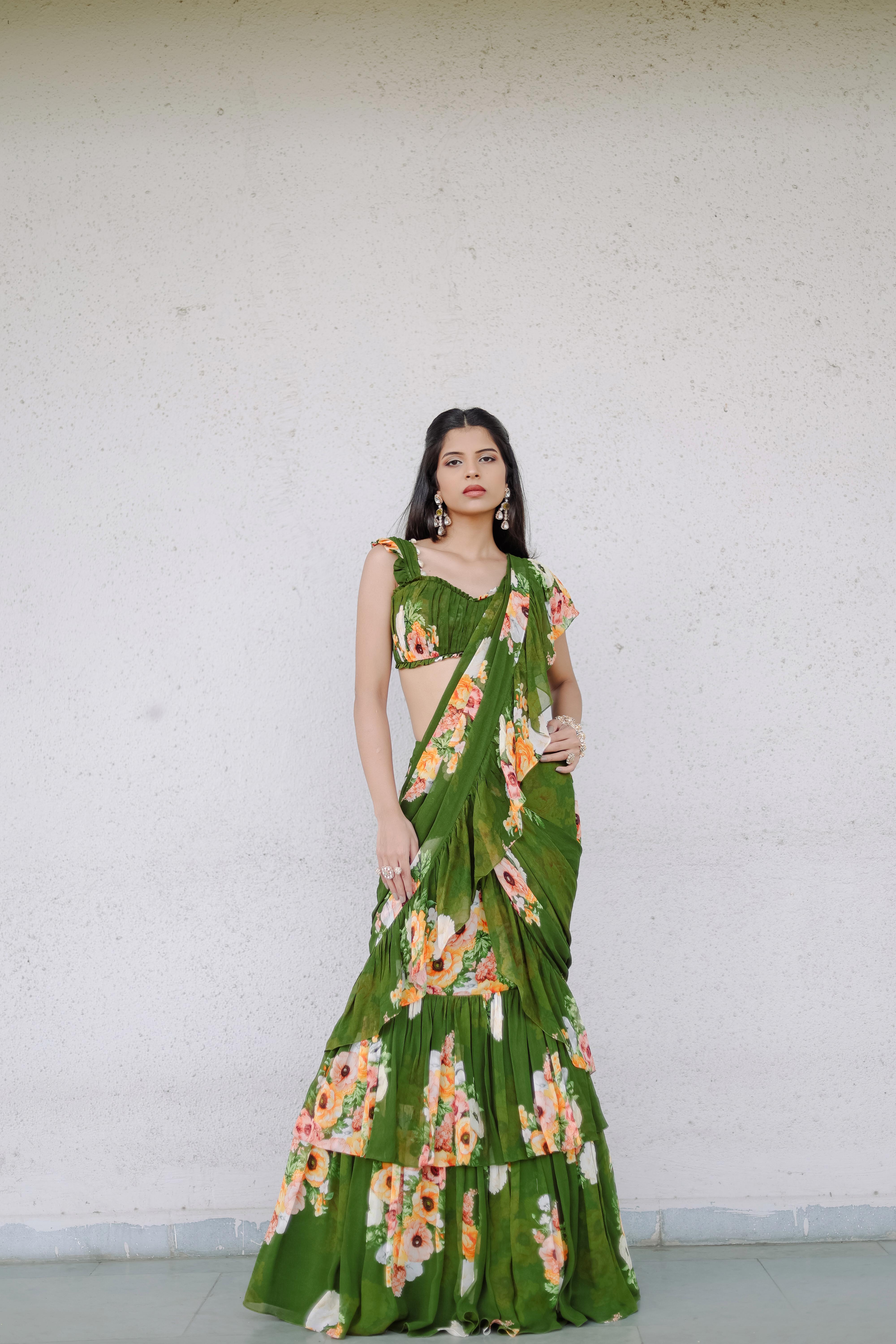 Green Floral printed Pre-Draped Ruffle Saree Set