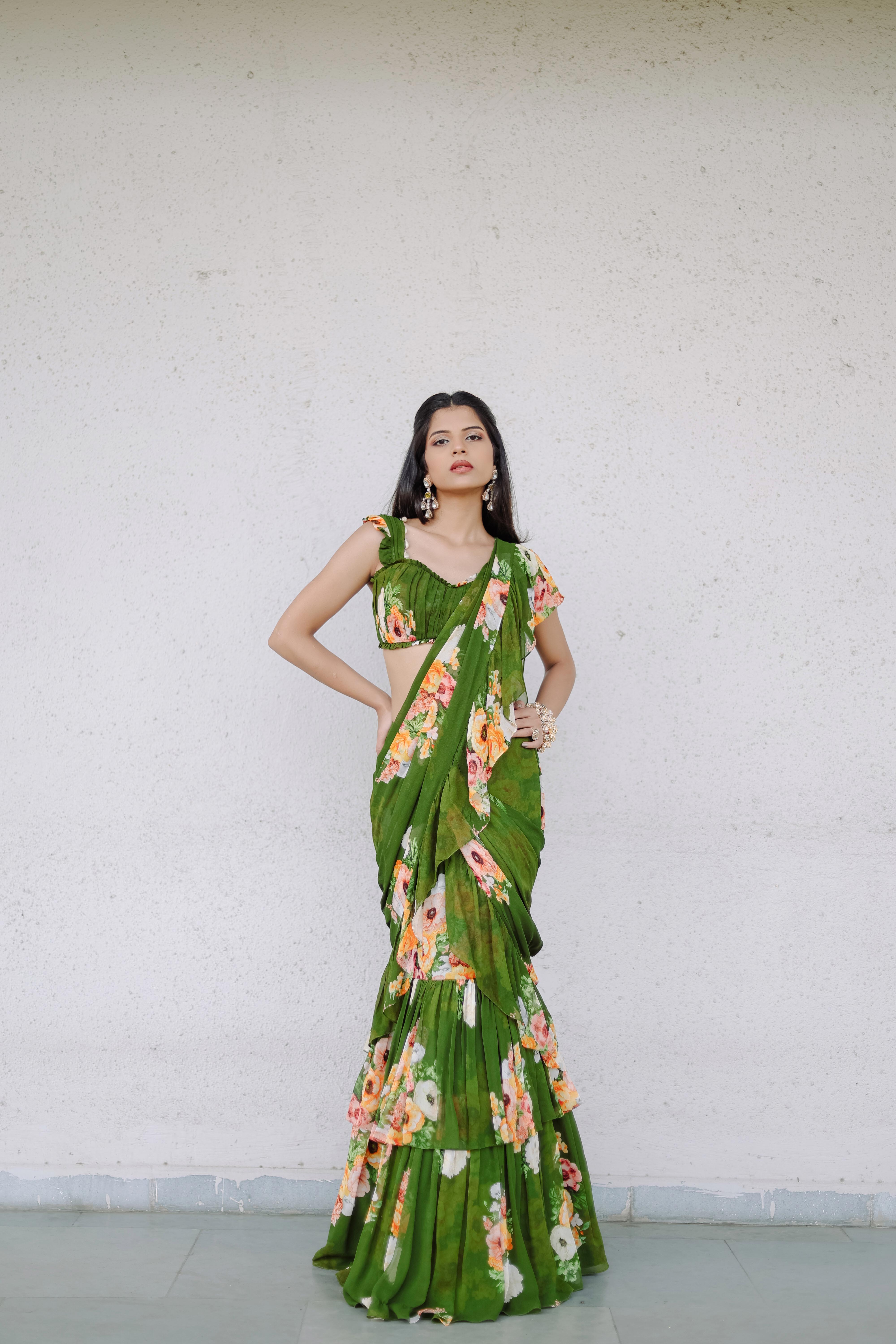 Green Floral Printed RufflePre-Draped Saree Set