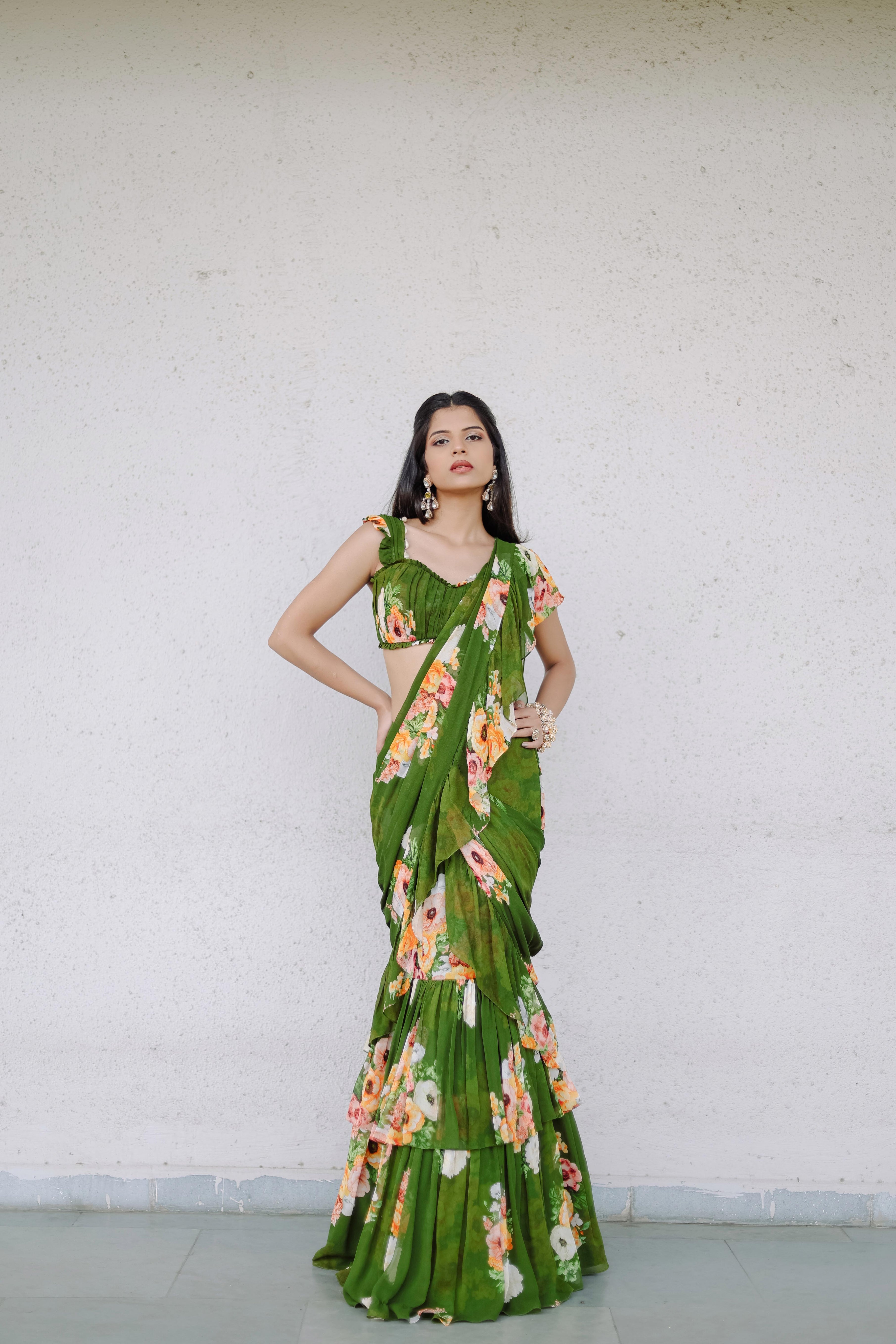 Green Floral printed Pre-Draped Ruffle Saree Set