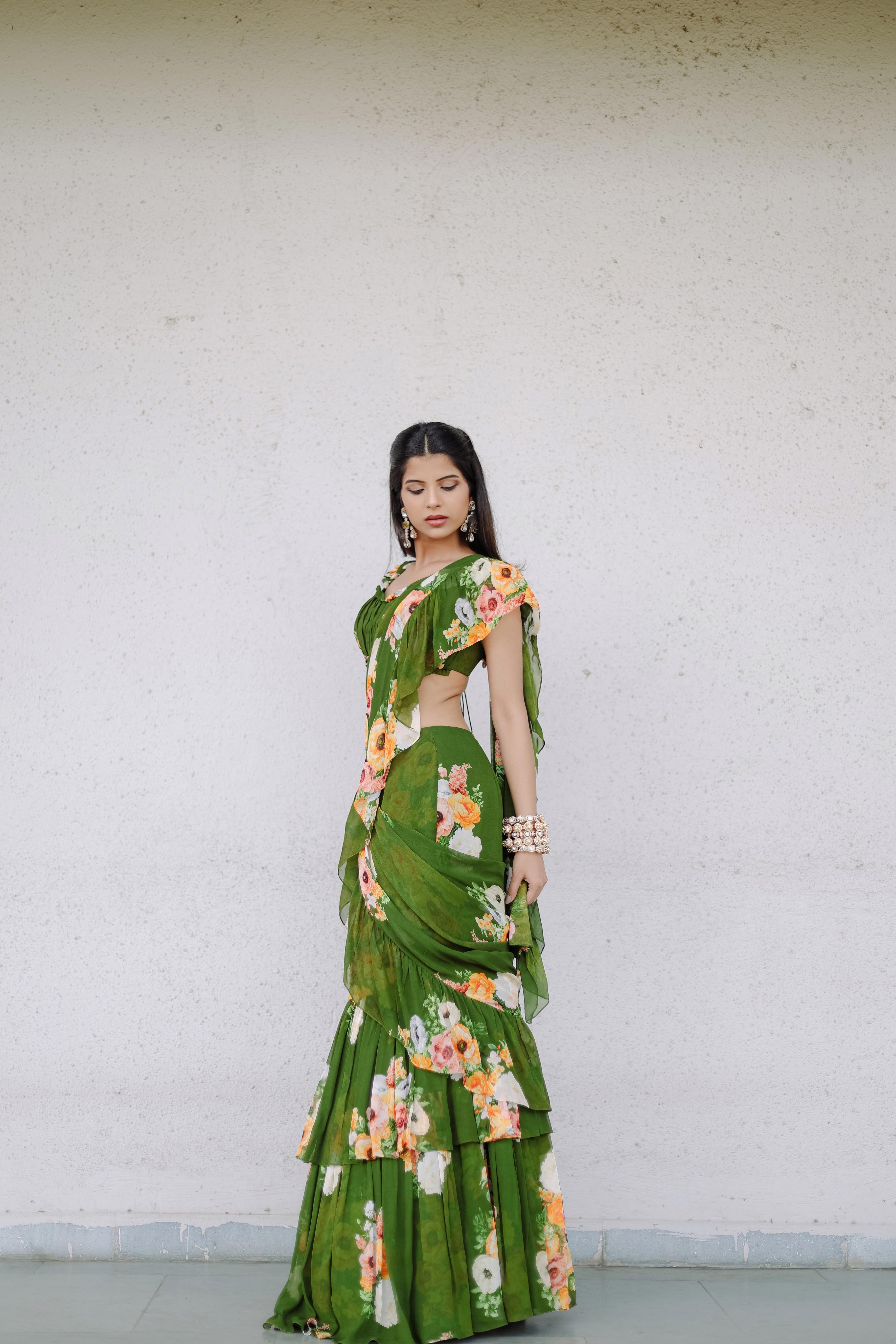 Green Floral printed Pre-Draped Ruffle Saree Set