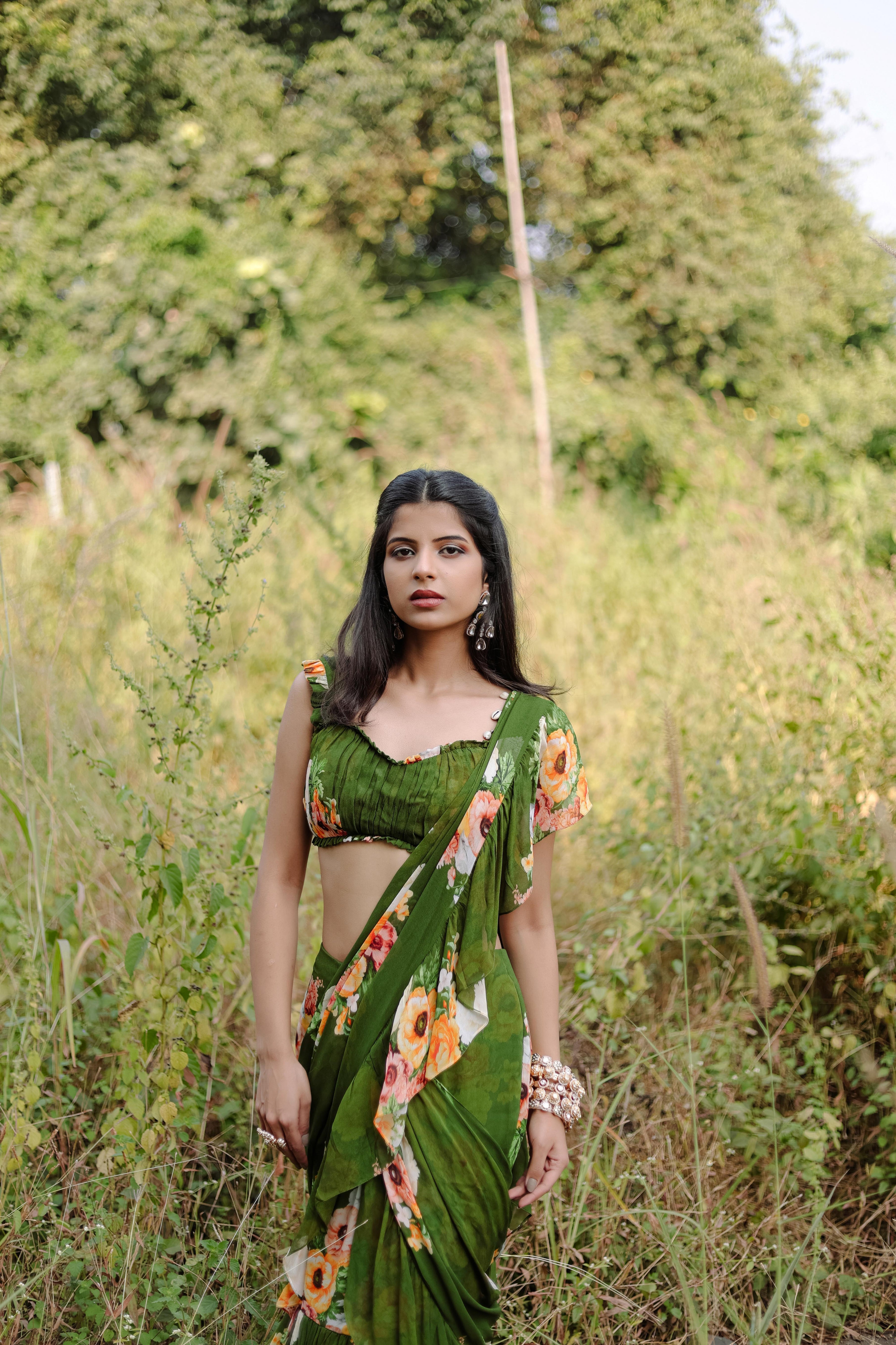 Green Floral Printed RufflePre-Draped Saree Set