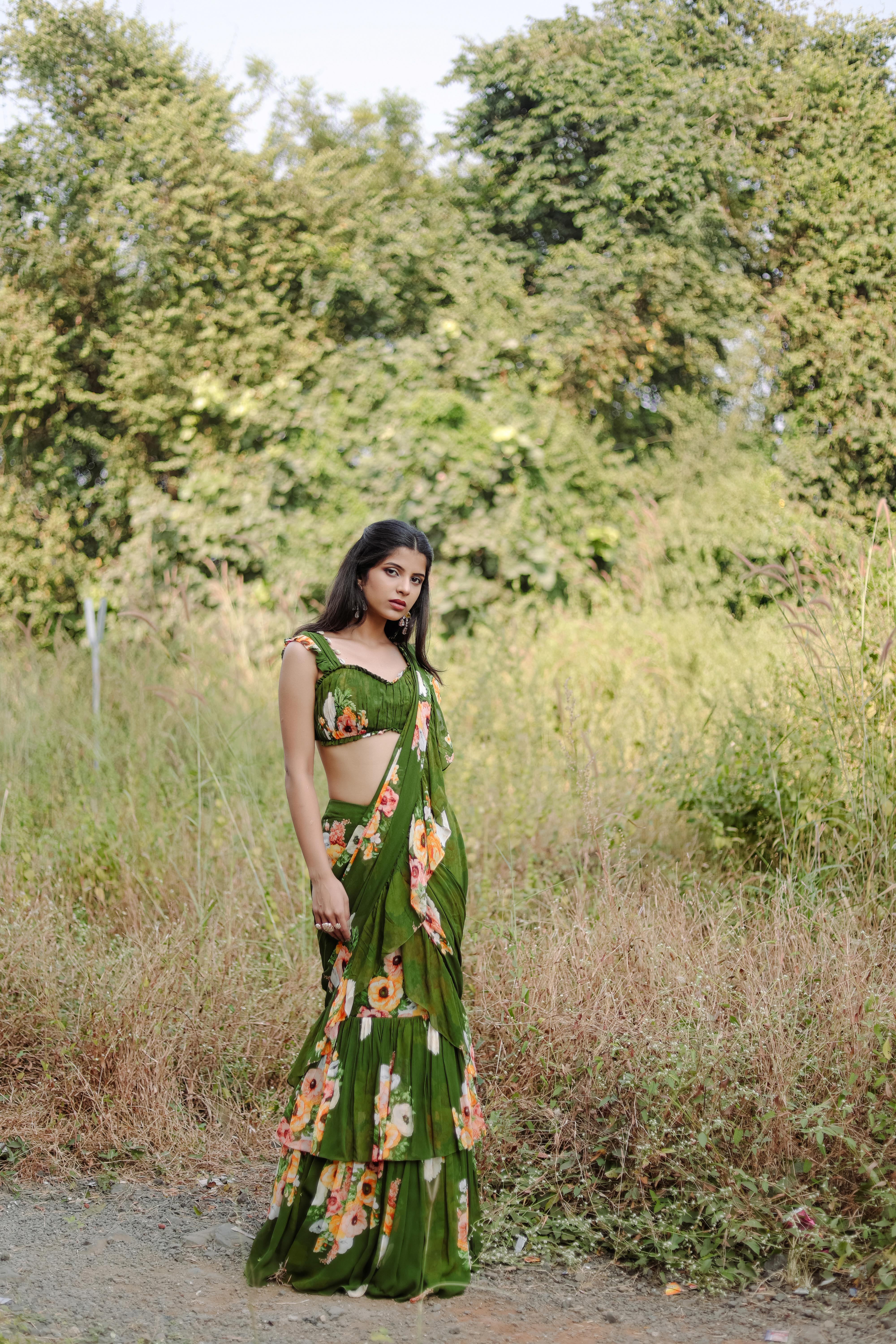 Green Floral Printed RufflePre-Draped Saree Set