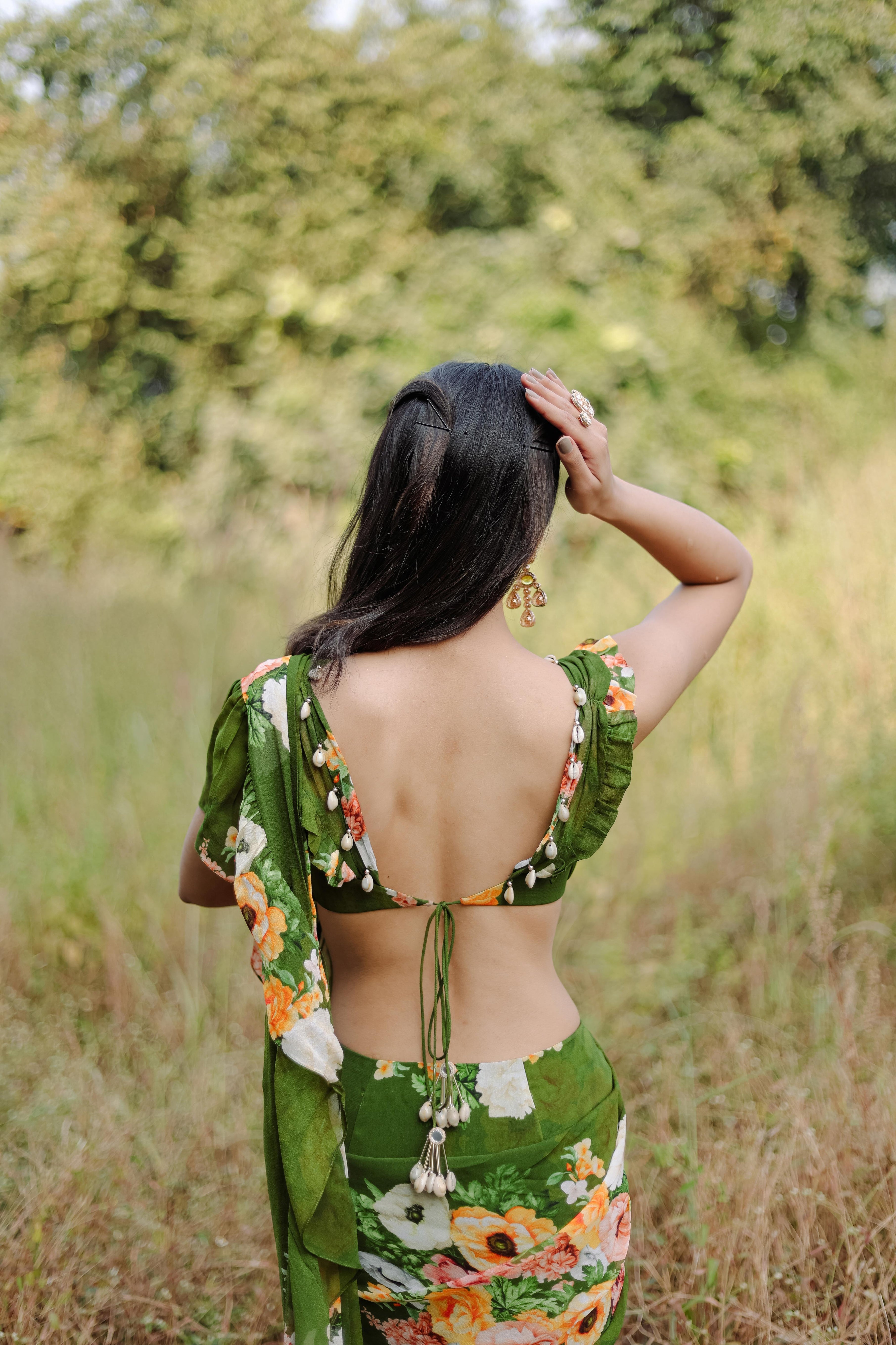 Green Floral printed Pre-Draped Ruffle Saree Set