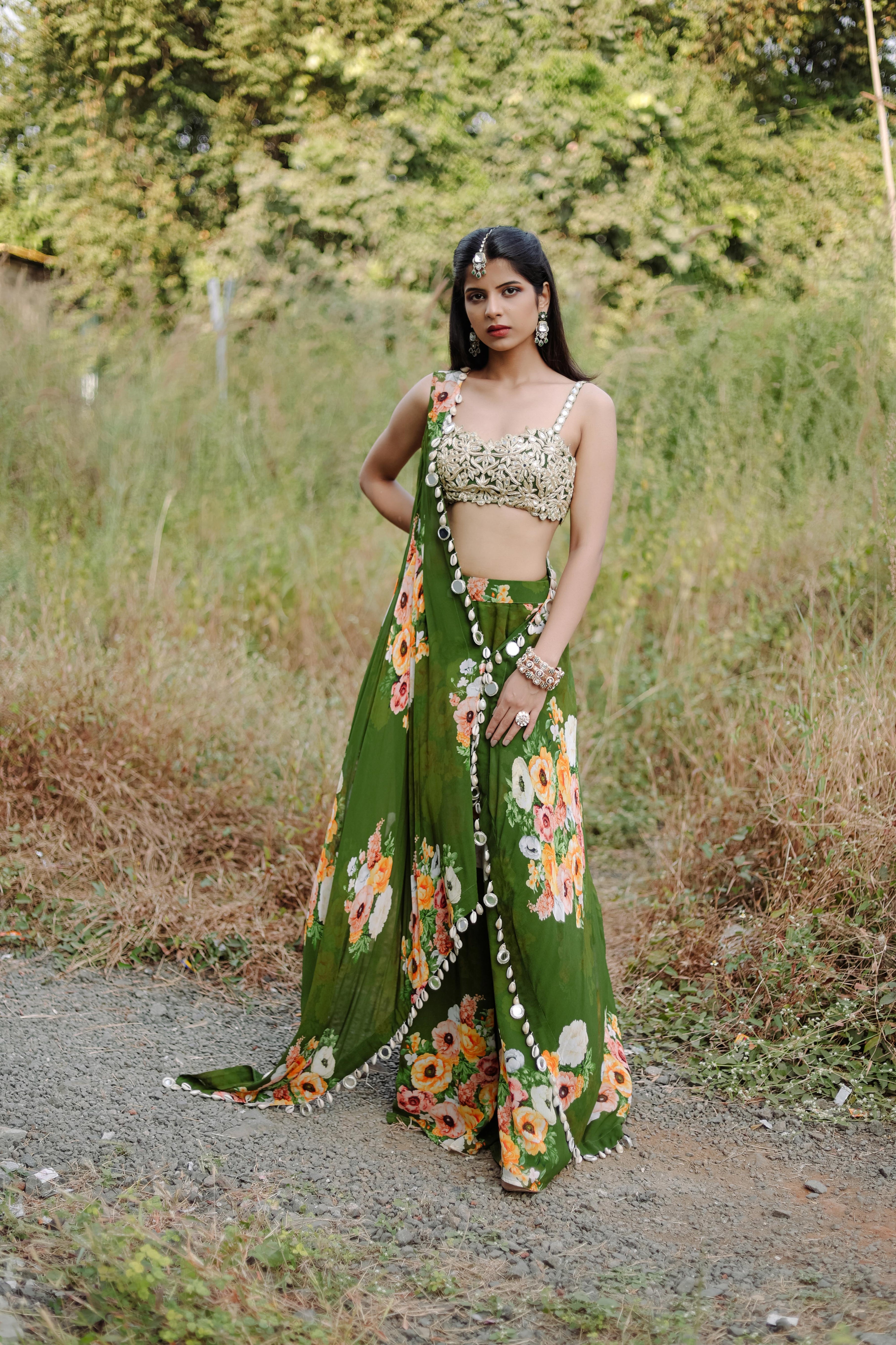Green Floral Printed RufflePre-Draped Saree Set