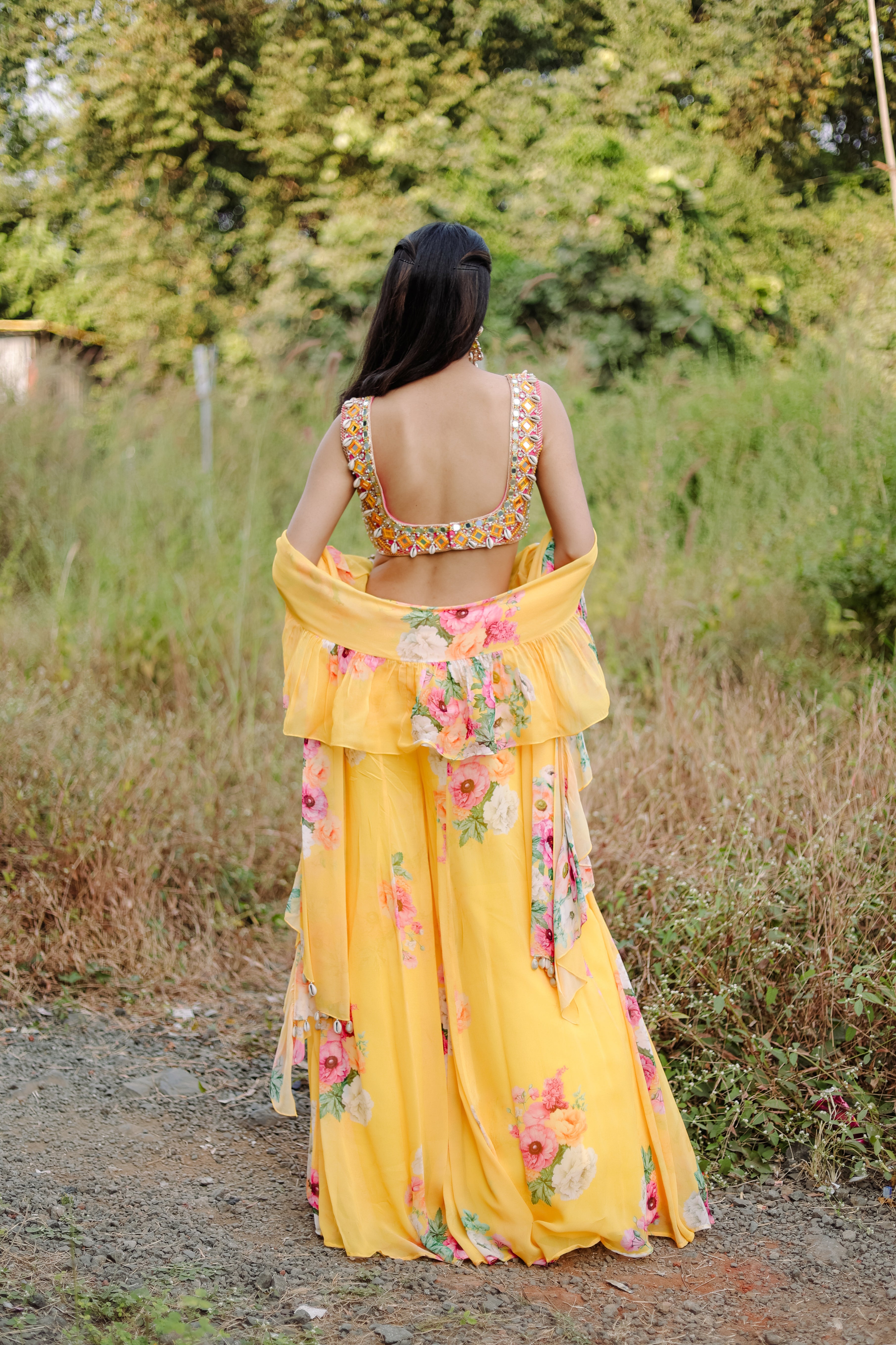 Yellow mirror and Cowrie Embroidered  Set