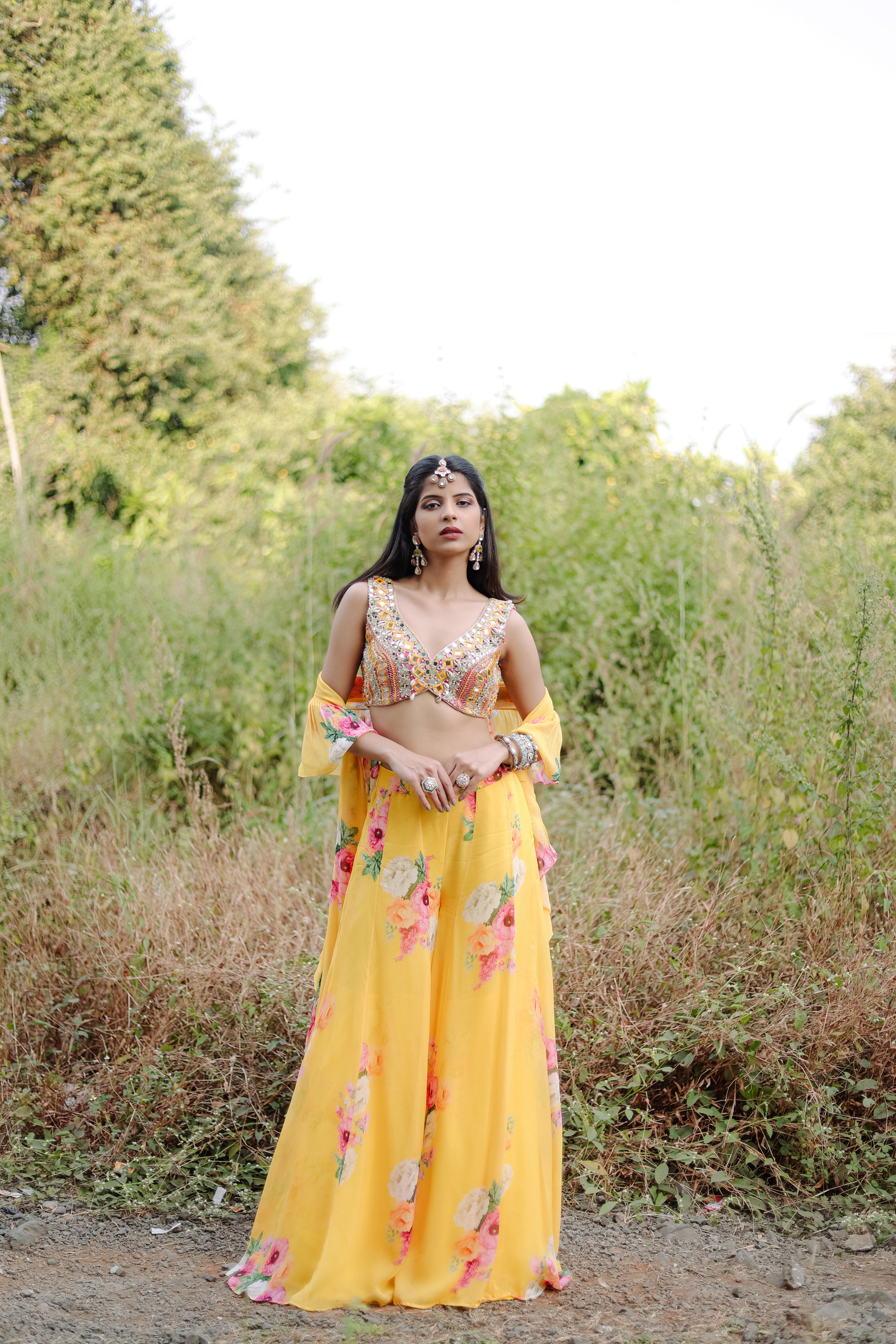 Yellow mirror and Cowrie Embroidered  Set