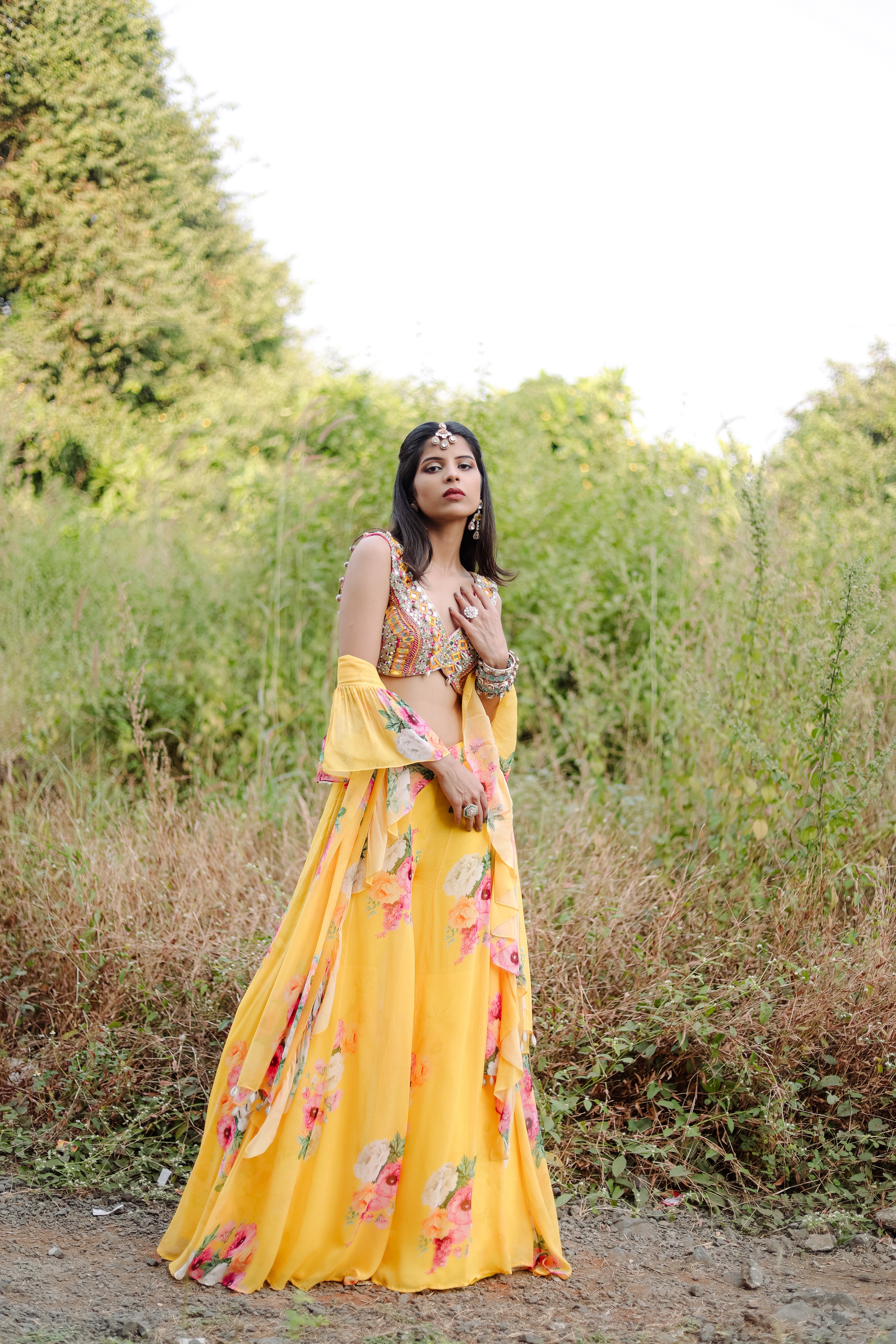 Yellow mirror and Cowrie Embroidered  Set