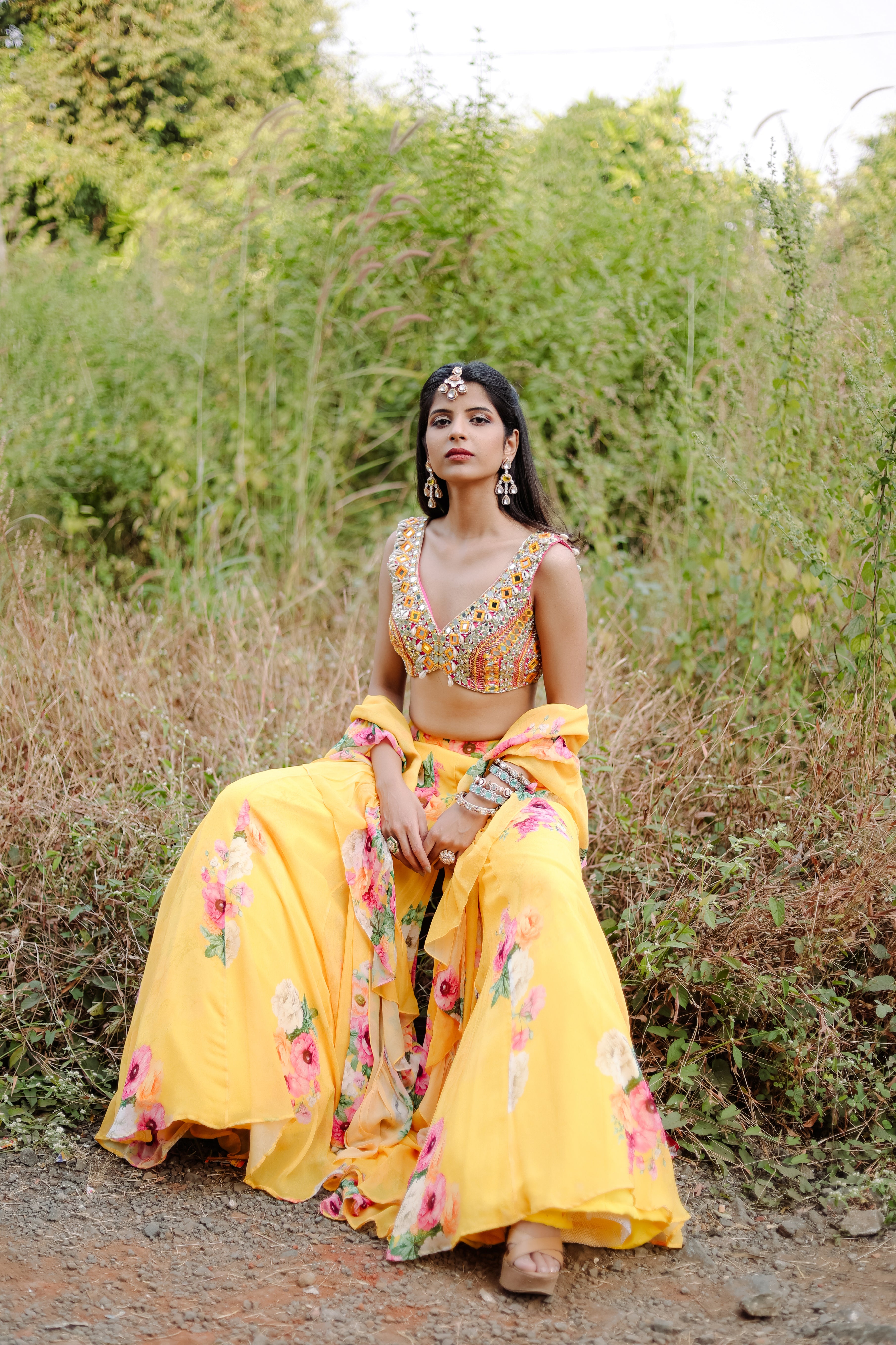 Yellow mirror and Cowrie Embroidered  Set