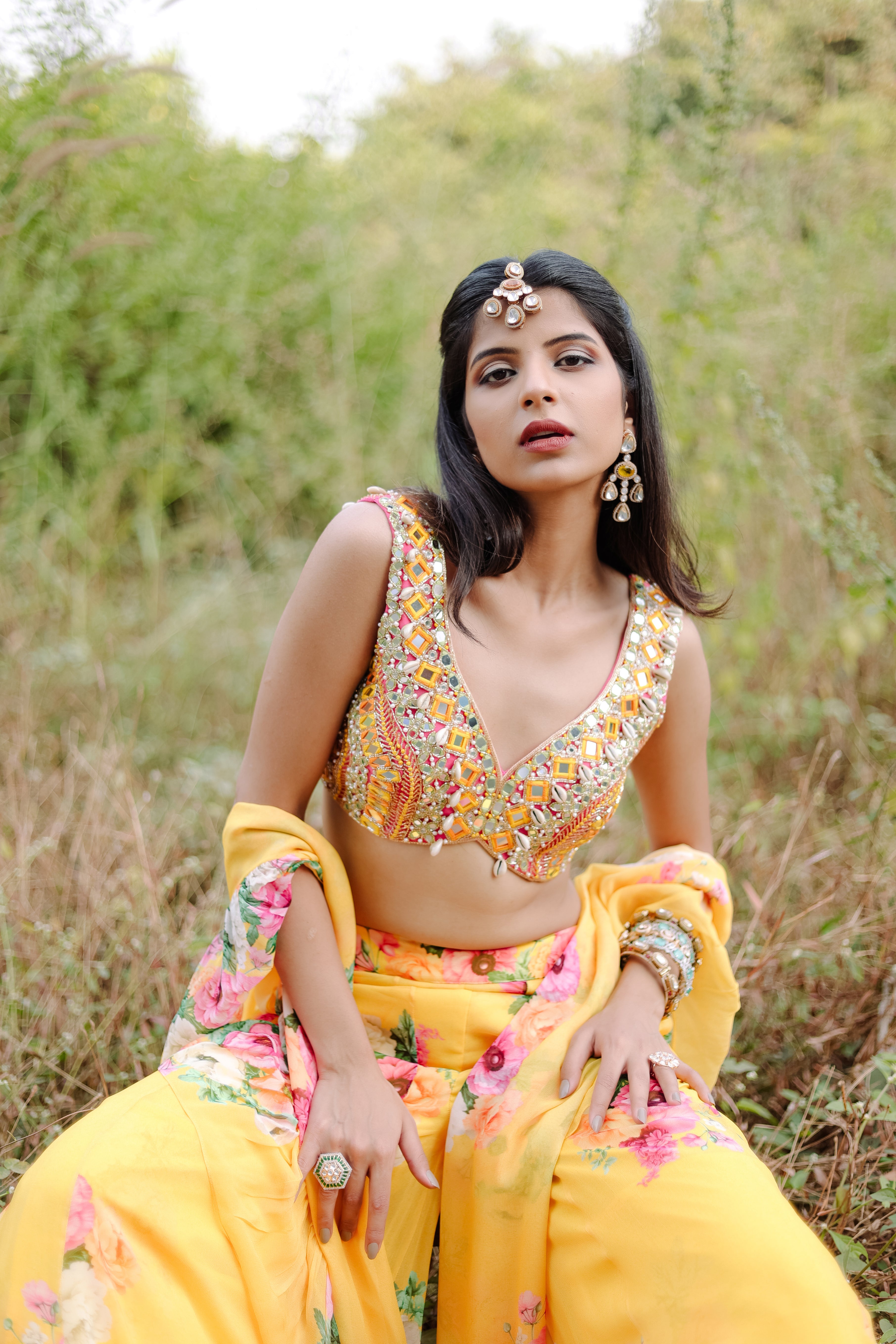 Yellow mirror and Cowrie Embroidered  Set