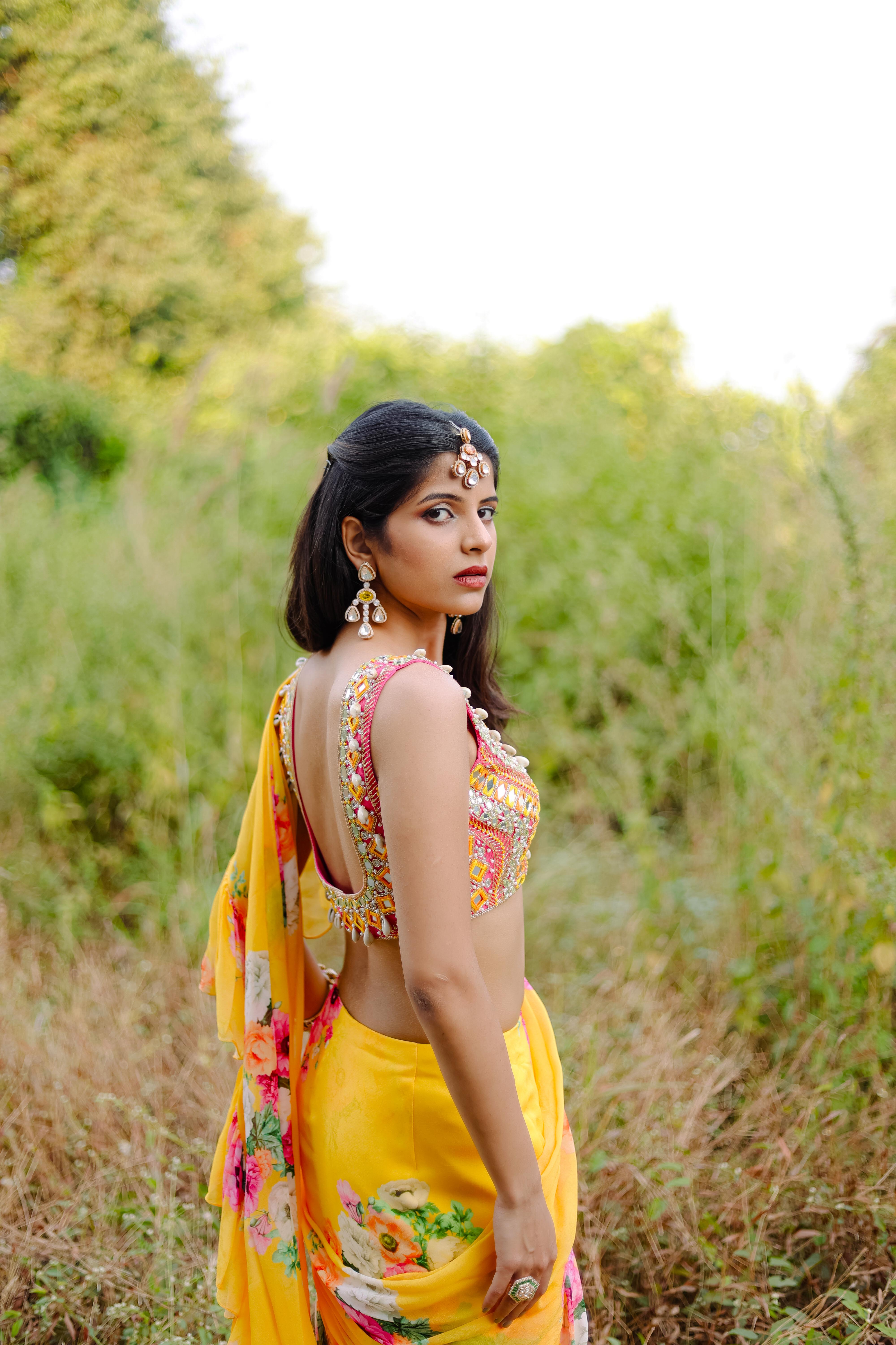 Yellow  Floral Printed Ruffle Pre-Draped Saree Set